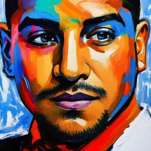 Close-up portrait of a man with colorful, abstract painting style, showing face, eyes, nose, and lips.