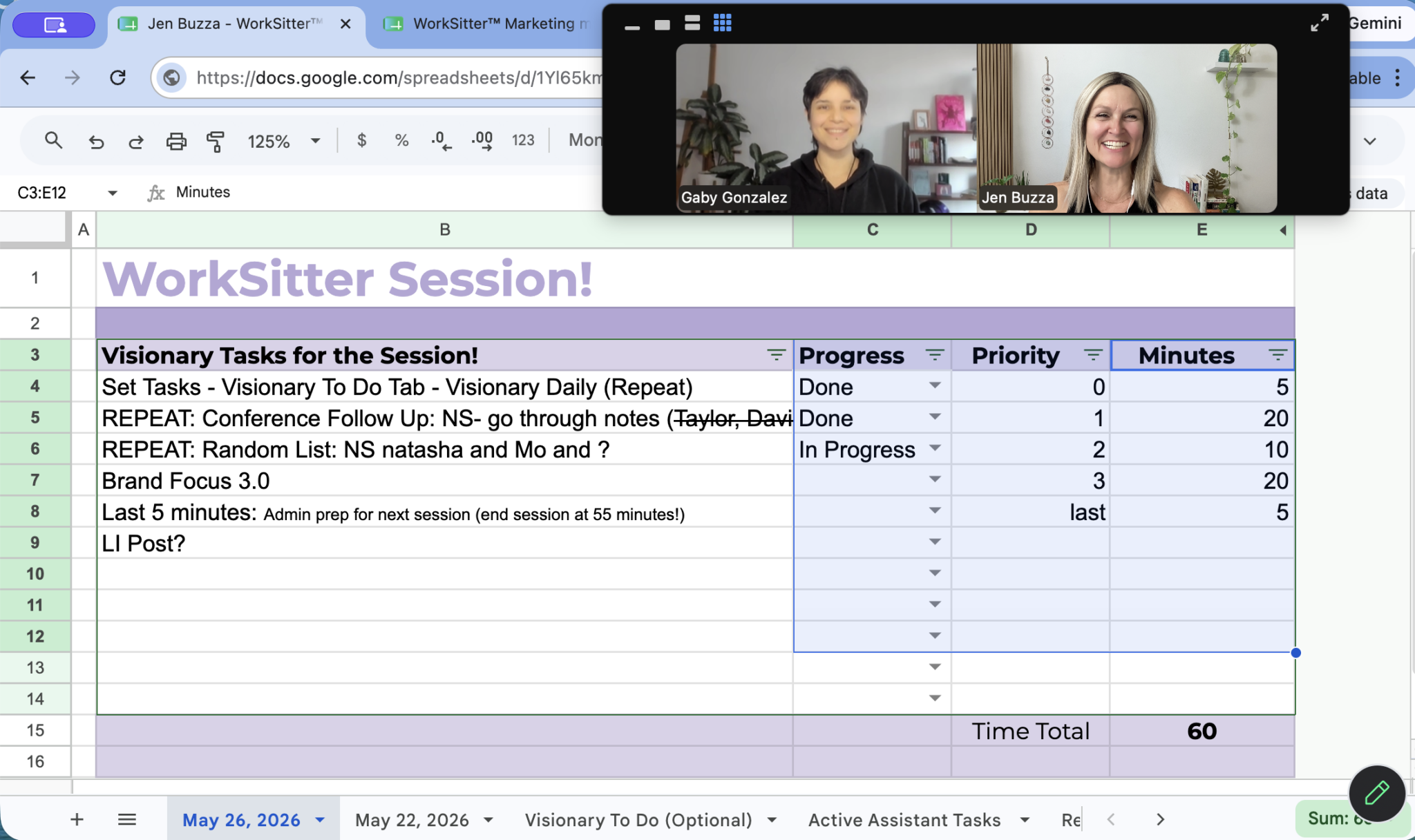Screenshot of a virtual meeting with three people on a tablet, and a spreadsheet titled 'WorkSitter Session!' with tasks and progress.