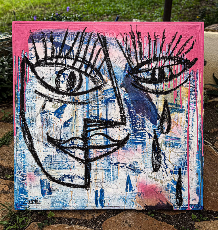 Abstract face with large eyes, nose, and mouth, painted with black lines on a textured pink and blue background.