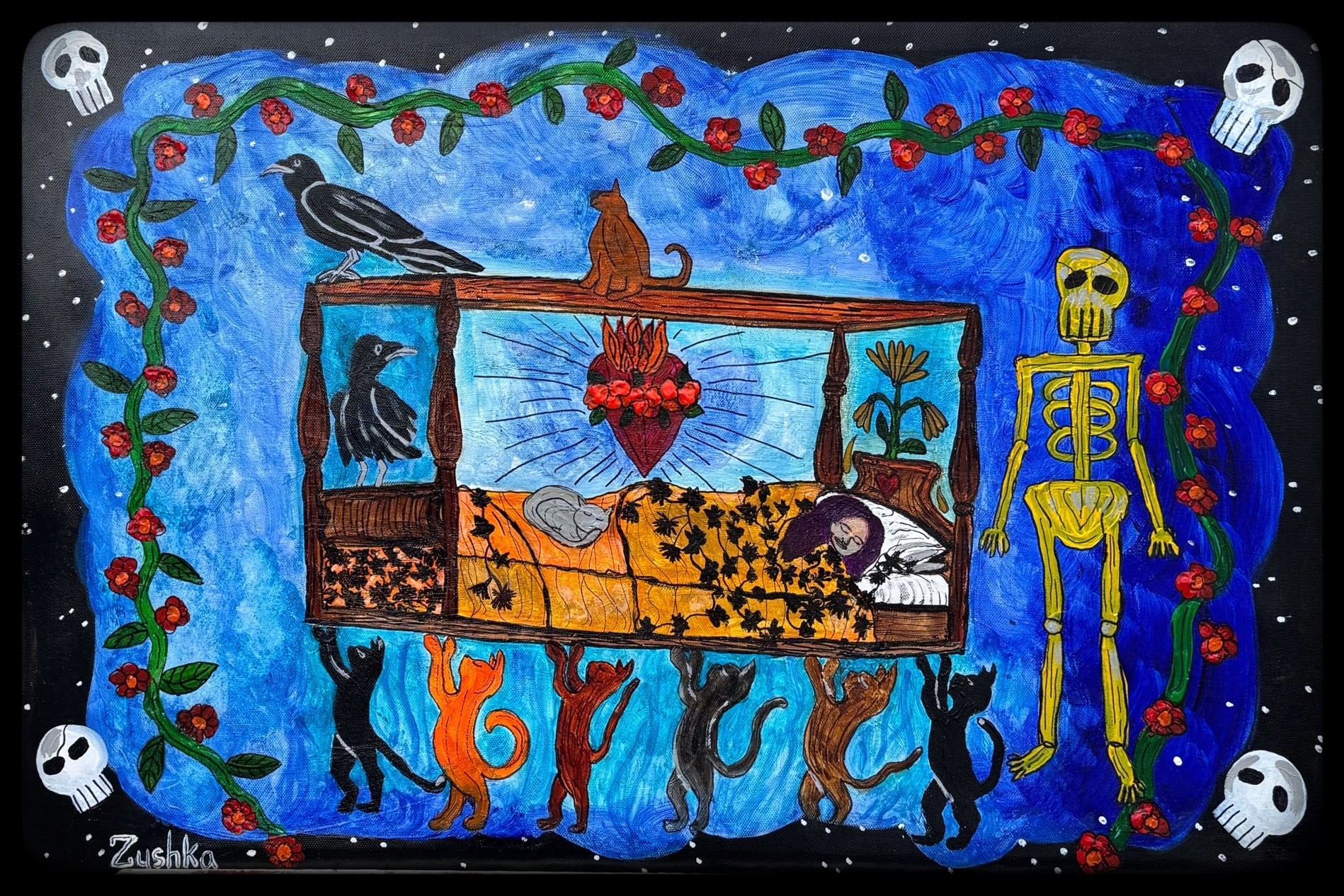 A colorful painting with a blue background, featuring a tiger lying on a bed, surrounded by skeletons, a bird, and decorative elements.
