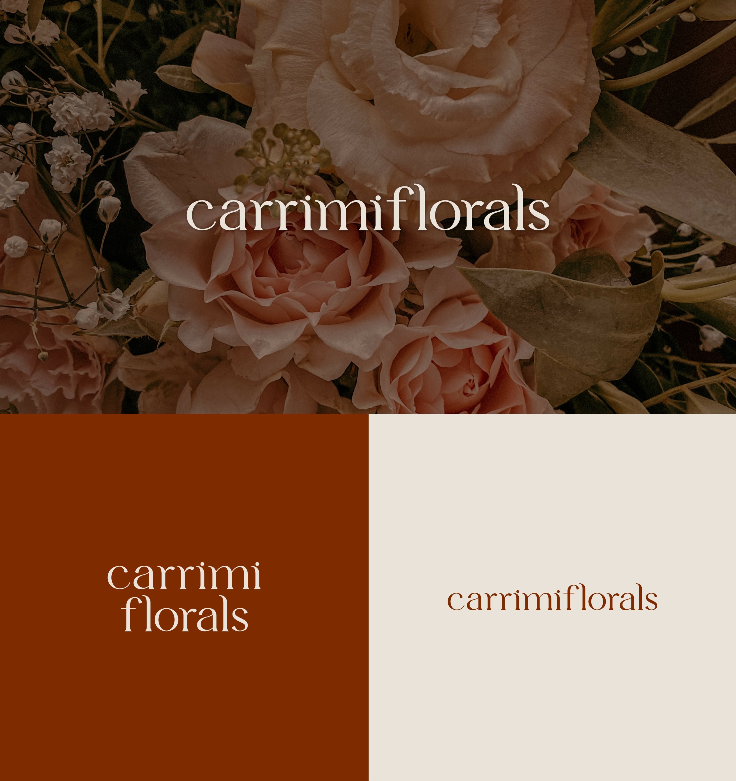 Close-up of pink and cream flowers with text 'carrimi florals' overlaid.