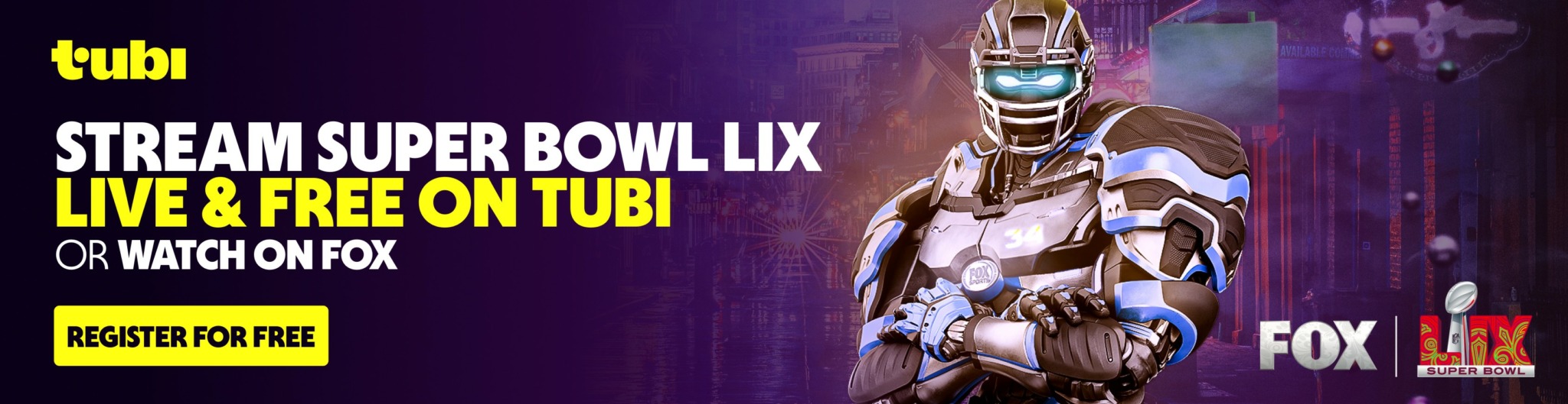Promotional banner for Super Bowl LIX on Tubi, featuring a football player in uniform holding a football, with text about streaming and free options.