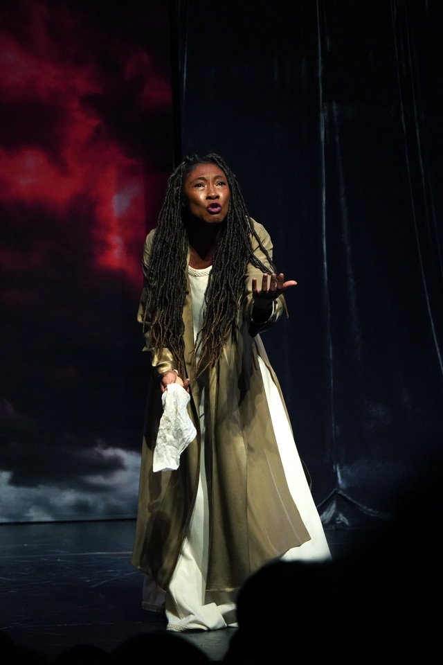 Woman with long braids on stage, holding a cloth, wearing a long dress, dark background with red and black colors.