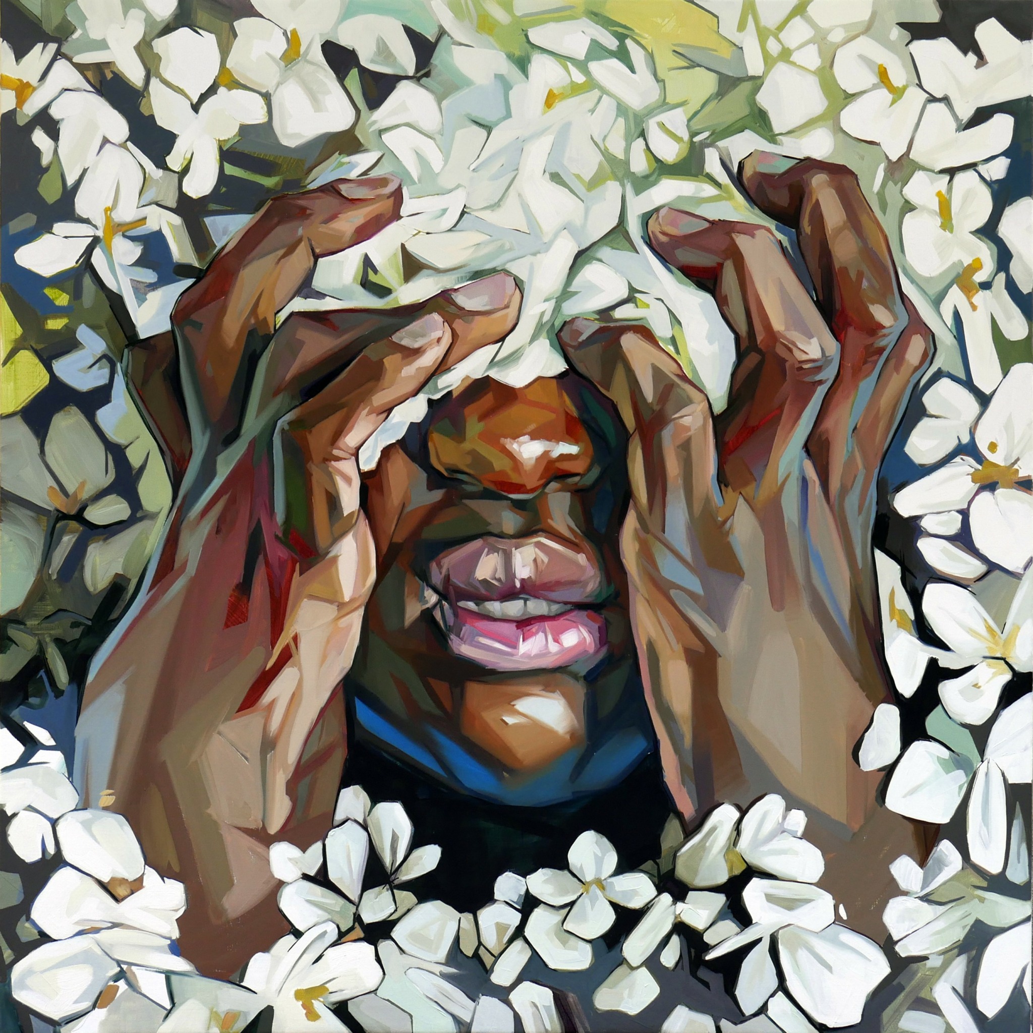 Person with hands covering face surrounded by white flowers, lips visible, in a stylized artistic style.