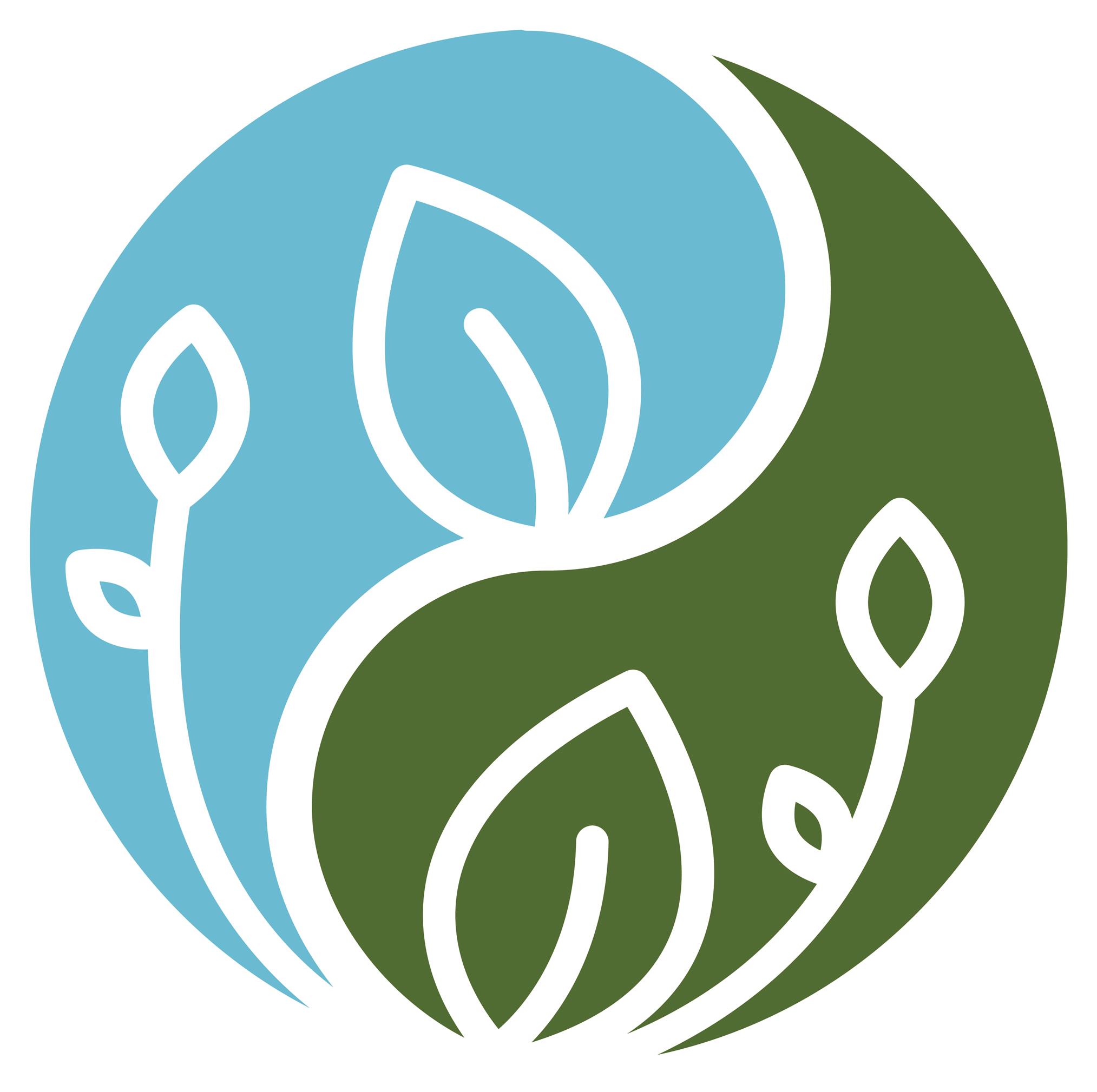 A circular logo with blue and green sections, featuring white outline leaves and plant stems.