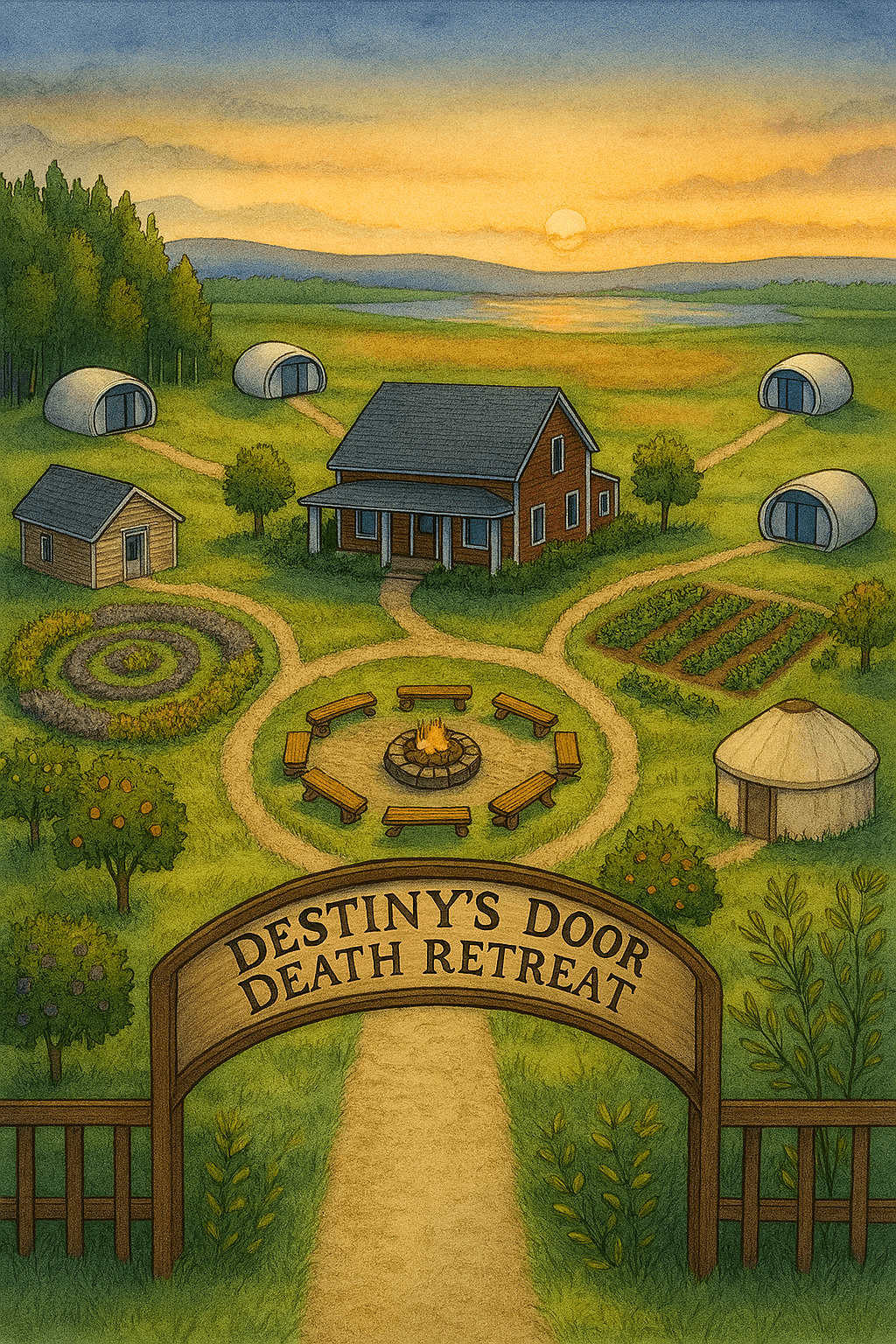 A peaceful farm scene with a house, circular garden, and tents, under a sunset sky, with a sign reading 'Destiny's Door Death Retreat'.