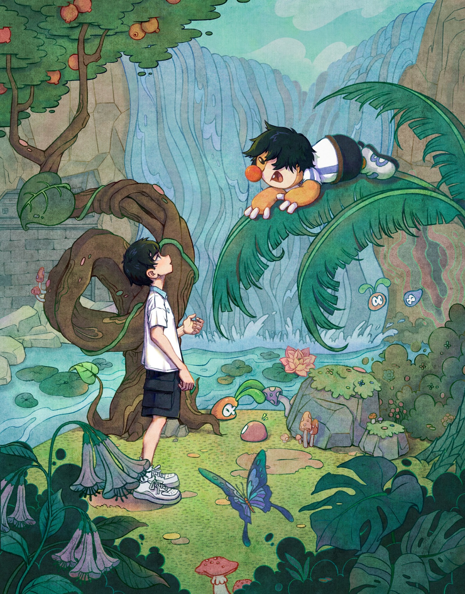 Two children in a lush jungle scene with waterfalls, trees, and animals; one child lying on a large leaf, the other standing nearby.