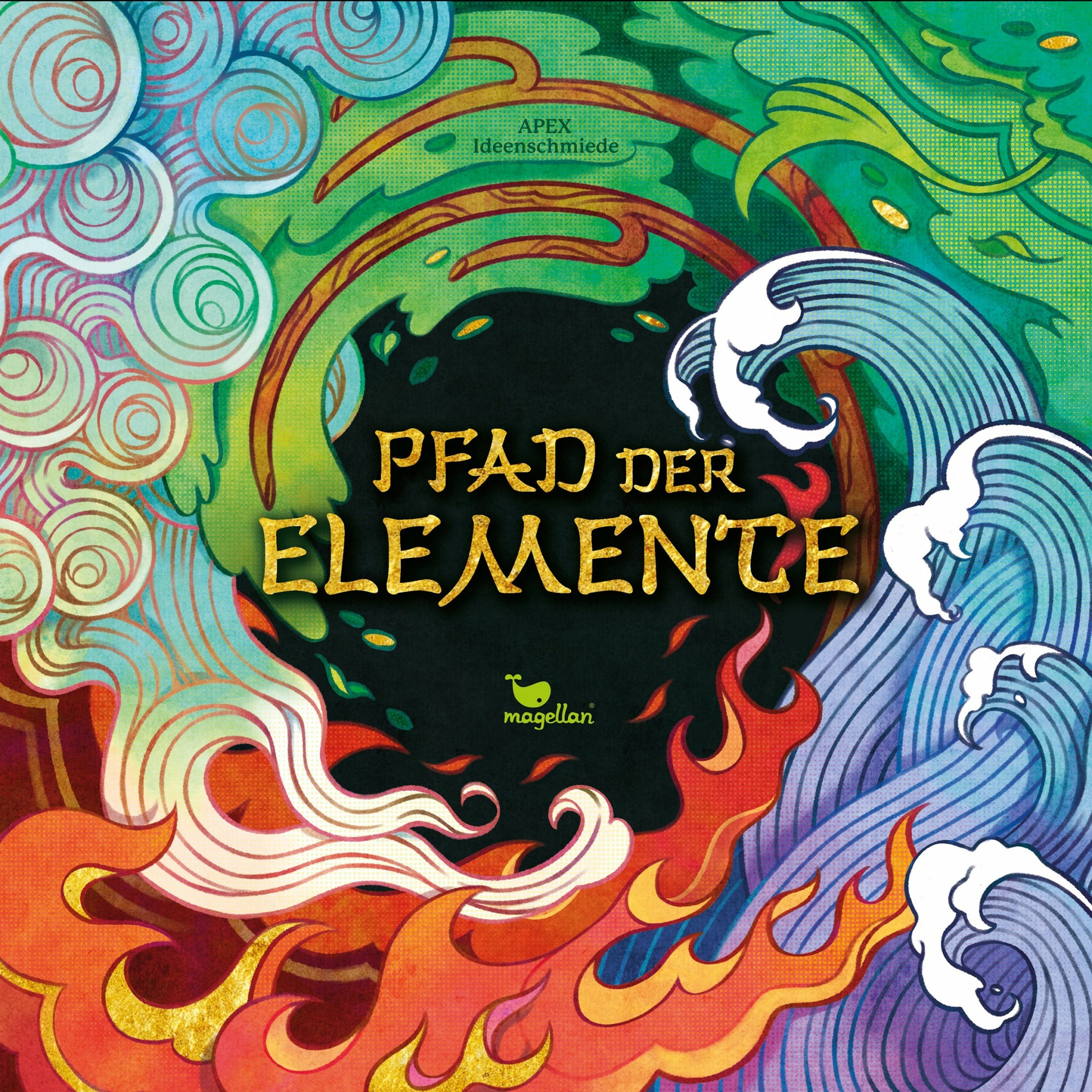 Colorful book cover with swirling elements, flames, and waves surrounding the title 'Pfad der Elemente'.
