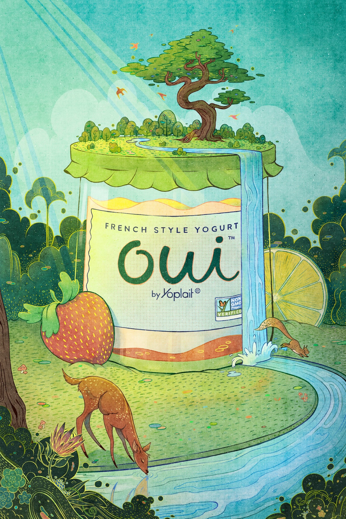 A cartoon-style illustration of a yogurt container with a tree on top, a waterfall, and a fox near a stream.