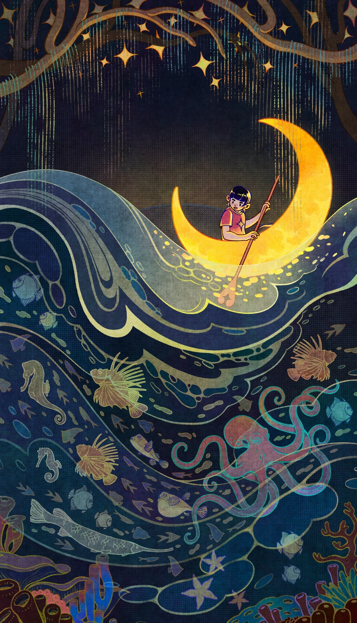 Child sitting on a crescent moon with a fishing rod, surrounded by waves and sea creatures, under a starry night sky.