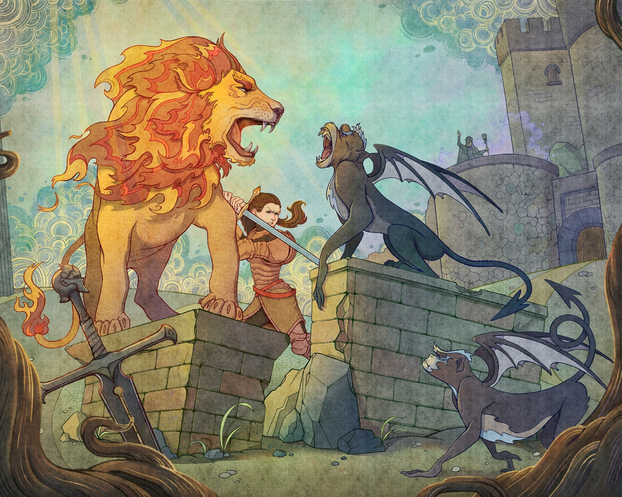 A lion and a dragon face each other on a castle wall with a person between them, in a fantasy scene.