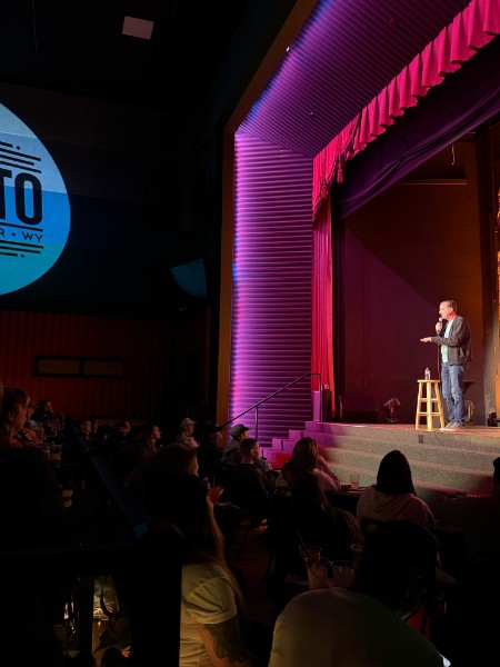 Person standing on stage with a microphone, audience seated in front, stage with pink curtains, large screen on the left.