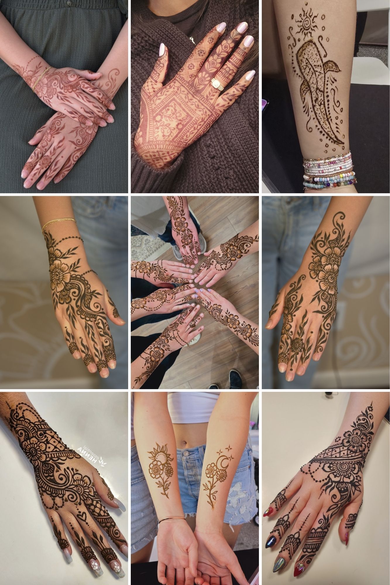 Collection of nine images showing various henna tattoo designs on hands and arms, with intricate patterns and floral motifs.