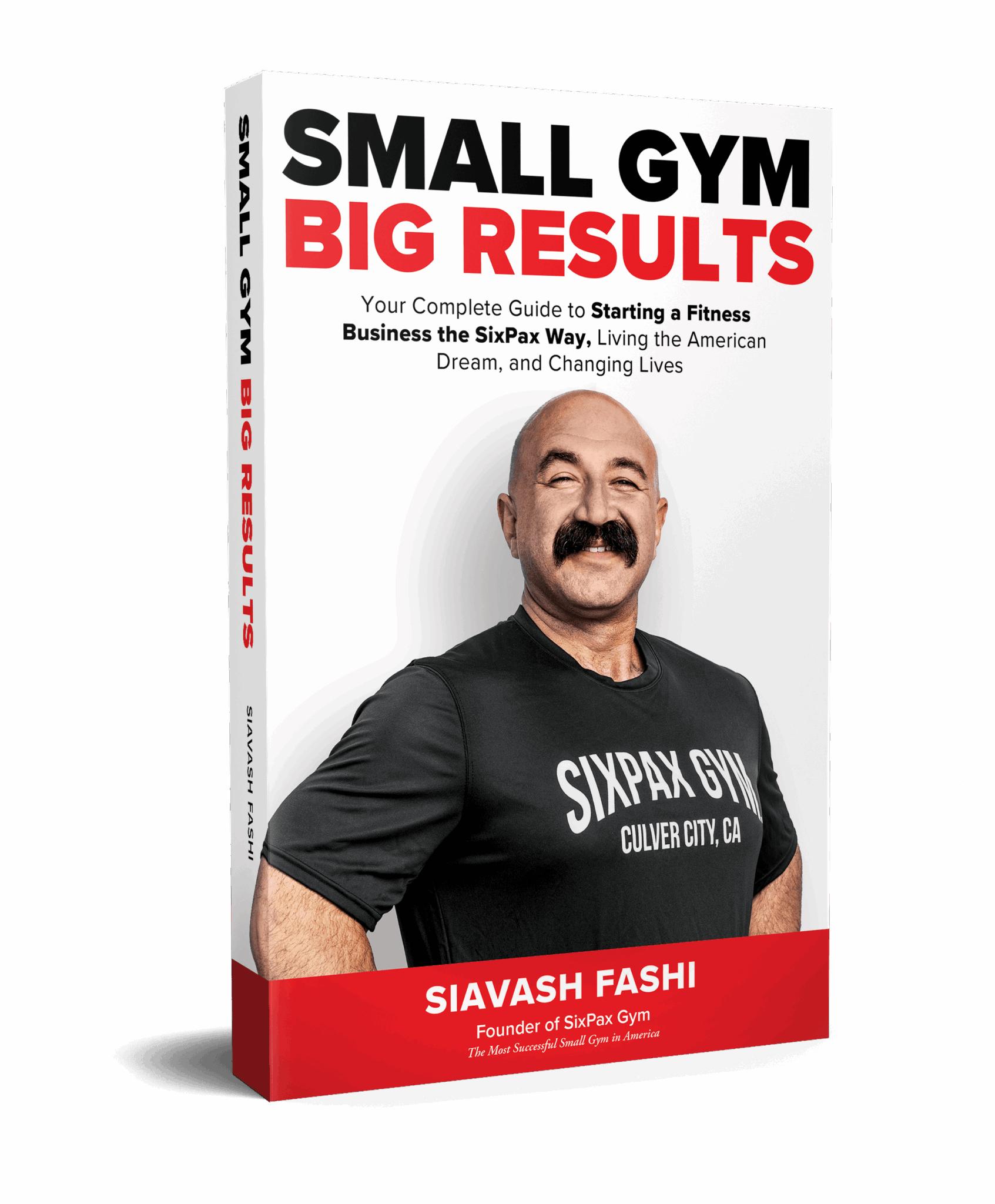 Book cover with a smiling man wearing a black shirt, text about small gym success, author's name, and location.