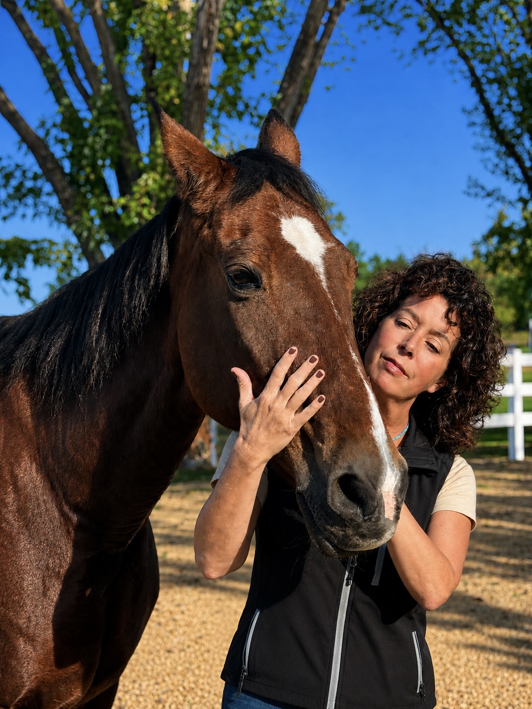 Woman gently touching a brown horse's face outdoors with trees and blue sky in background.