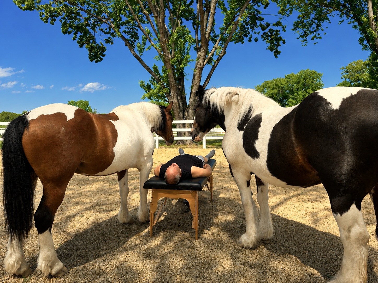 Person lying on a bench between two large horses outdoors under a tree, with a blue sky and green trees in background.