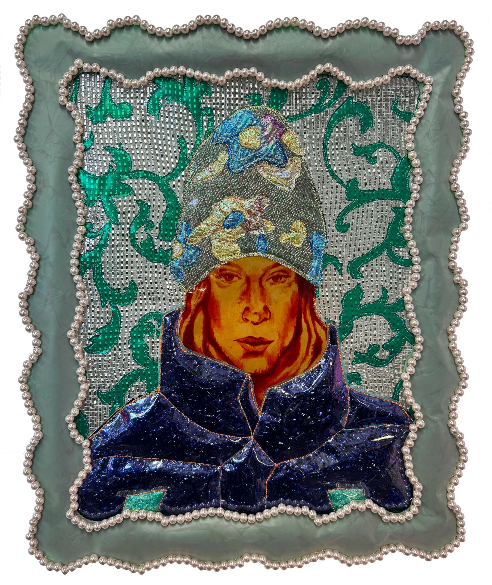 Portrait of a woman wearing a patterned hat and dark coat, surrounded by a decorative pearl border.