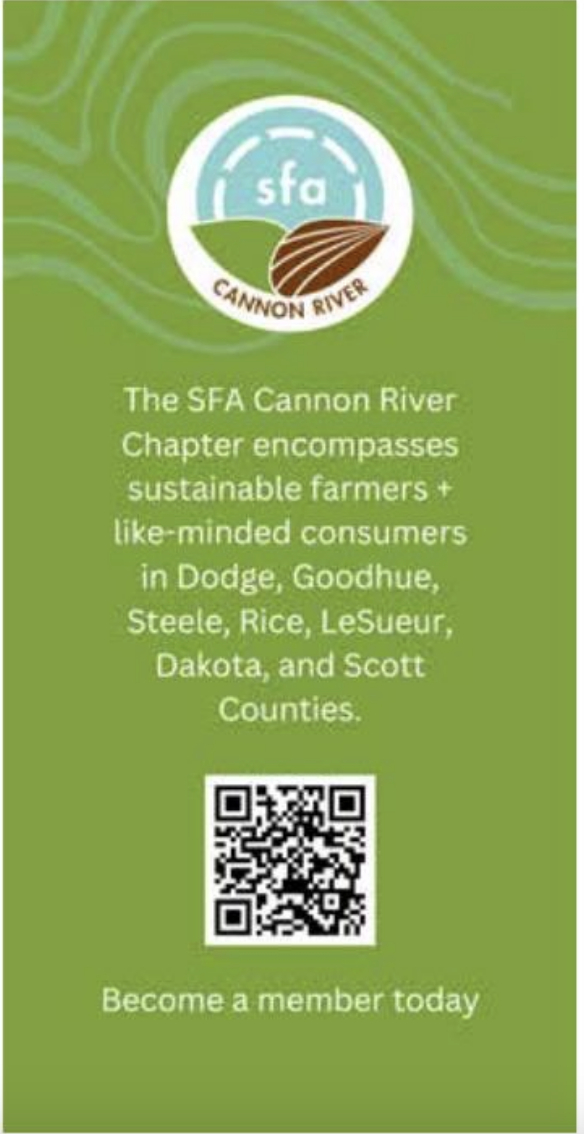 Green vertical banner with SFA Cannon River logo, QR code, and text about sustainable farmers and counties.