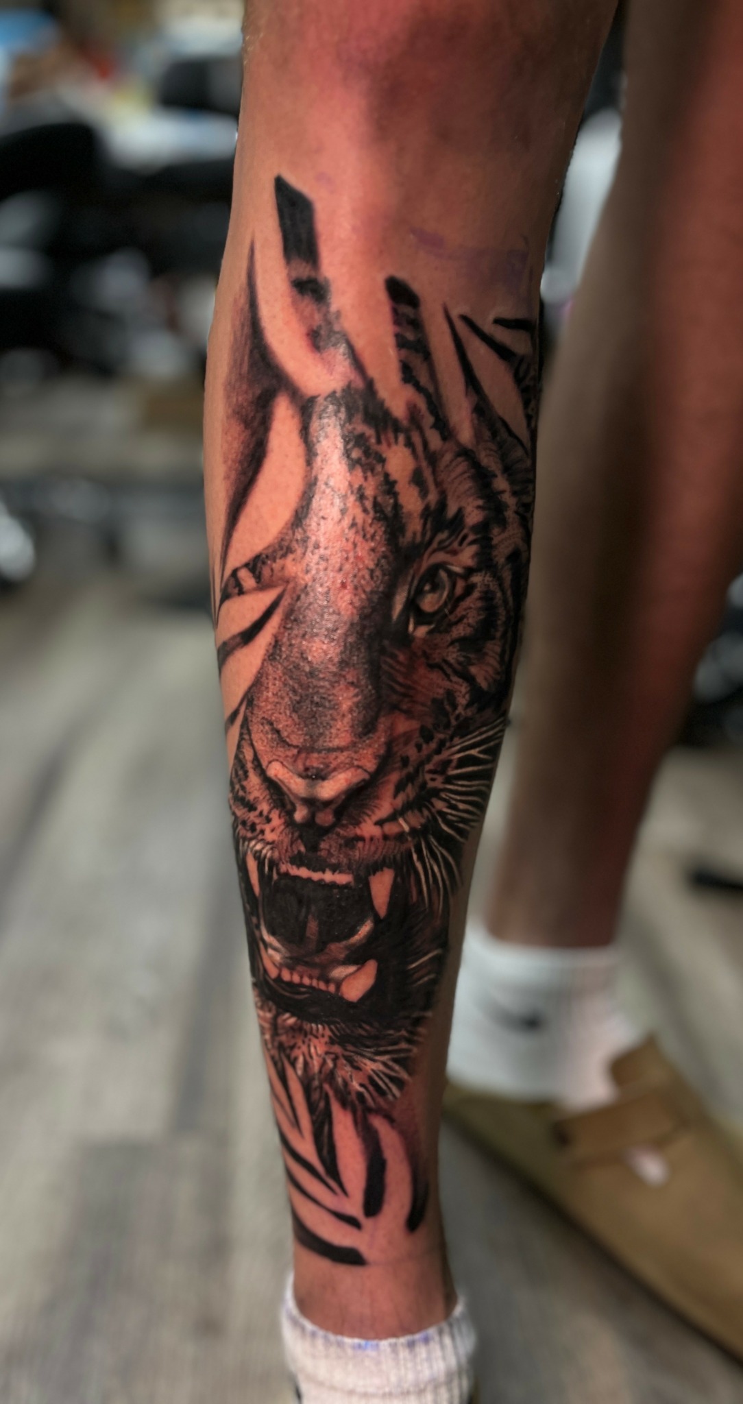 Close-up of a person's leg with a detailed black and gray tiger tattoo, showing the tiger's face and stripes.