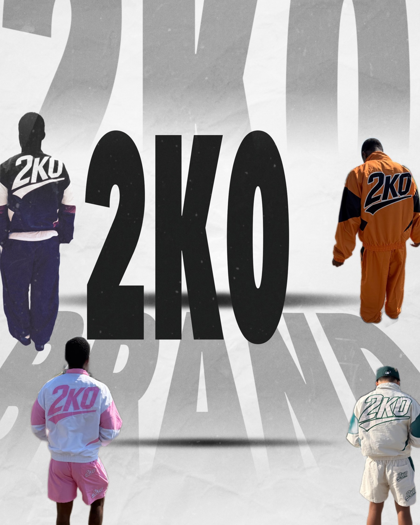 Four people wearing 2K clothing stand around large 2KO text, with a white background and shadow effects.
