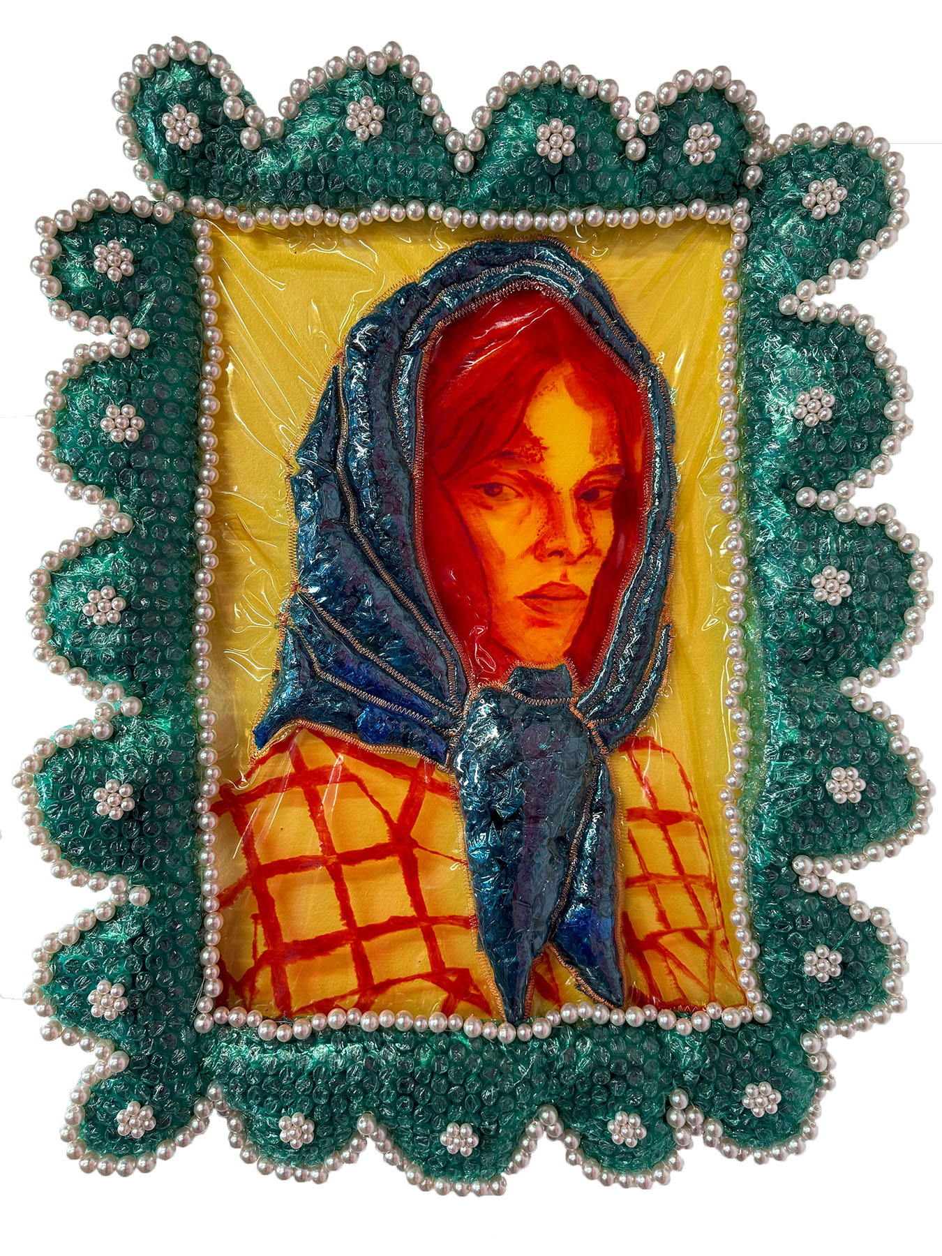 Portrait of a woman with a blue headscarf, framed by decorative beads and a yellow background.