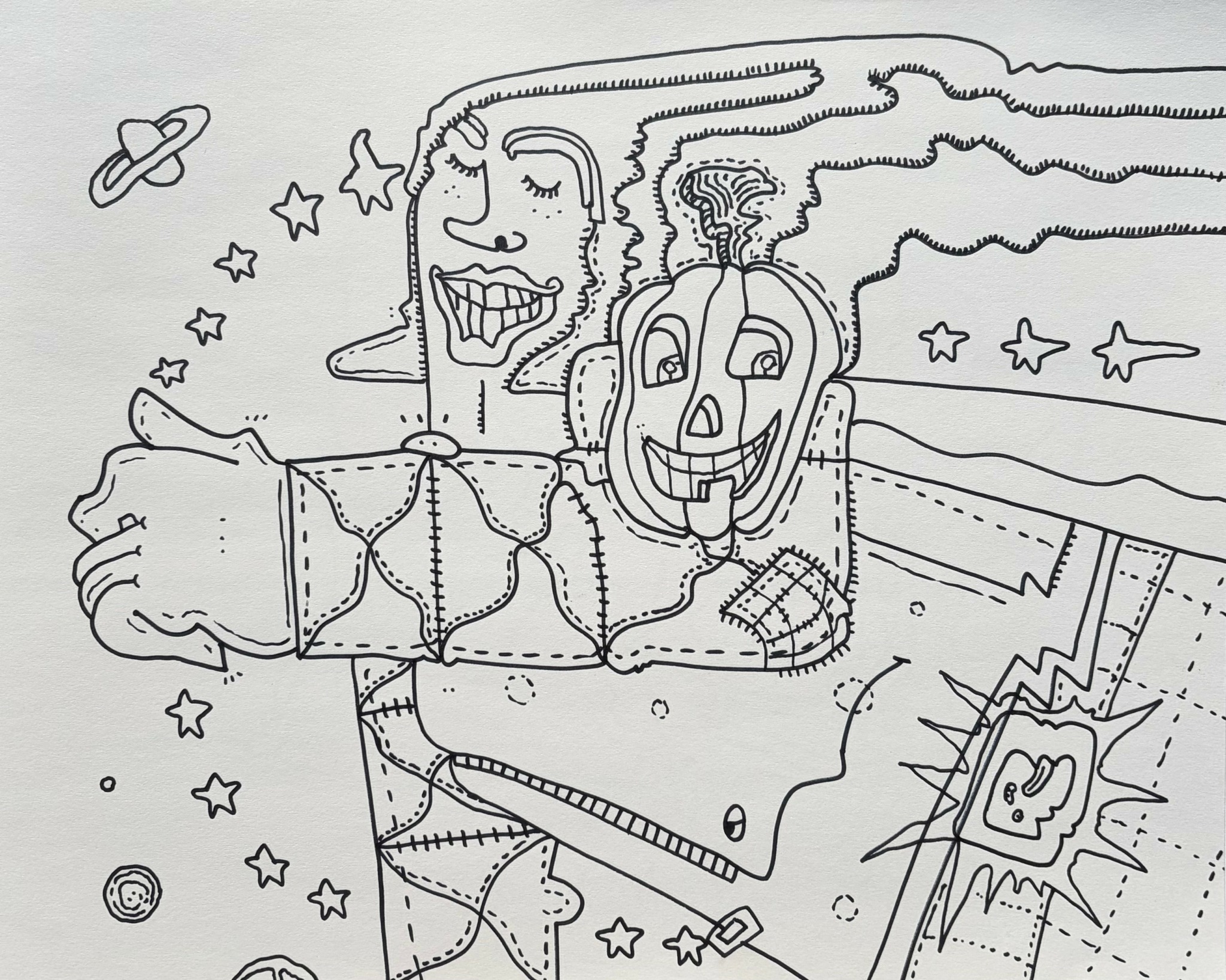 Line drawing of a person with a pumpkin head, surrounded by stars, planets, and abstract shapes, with a smiling face and outstretched arms.