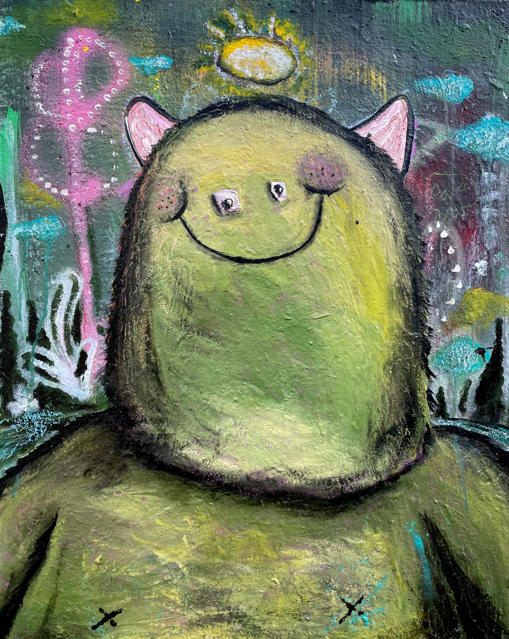 A whimsical creature with a round green body, pink ears, and a smiling face, surrounded by colorful abstract shapes.