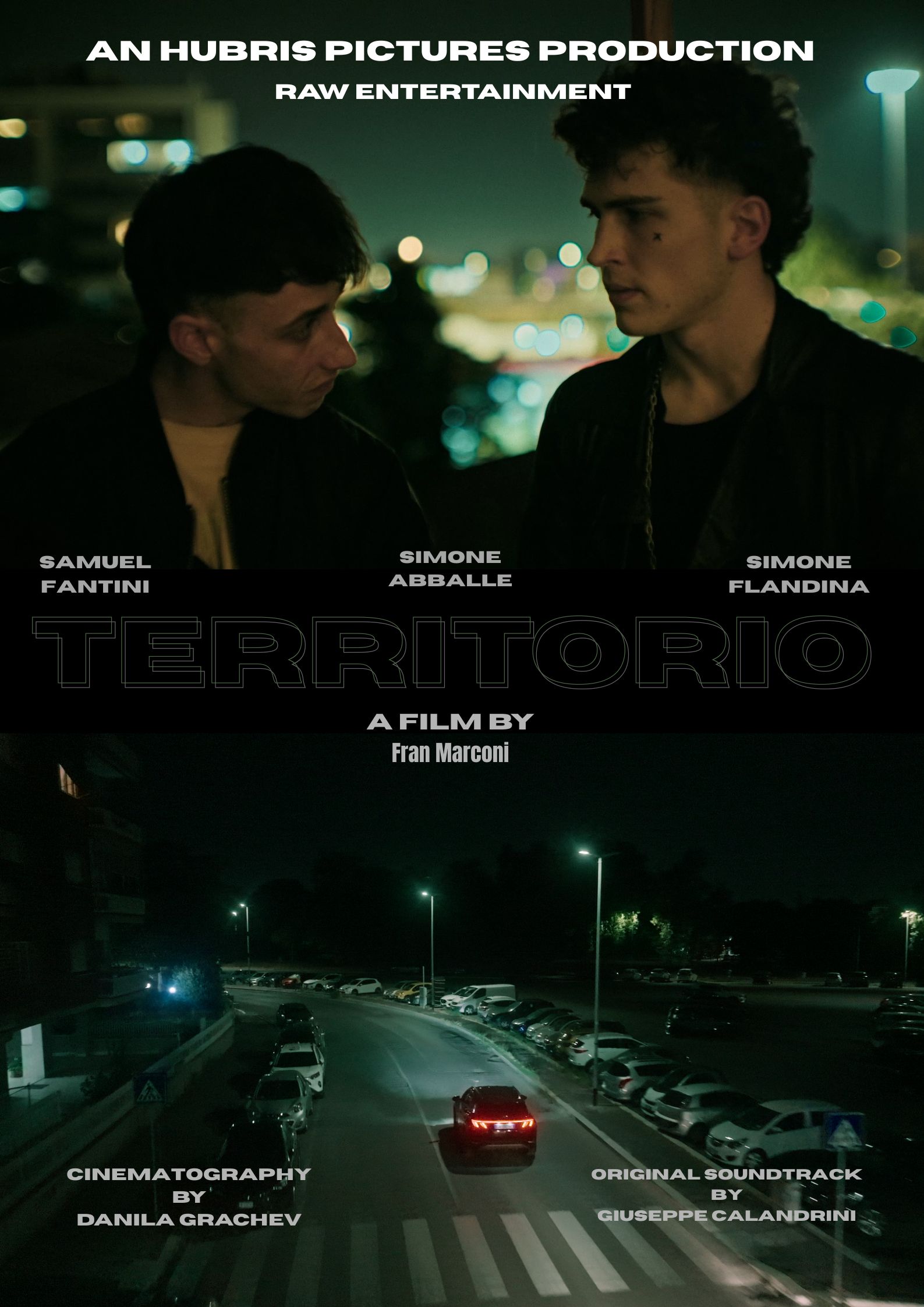 Two young men face each other at night with city lights in the background, movie title and credits below, dark scene.