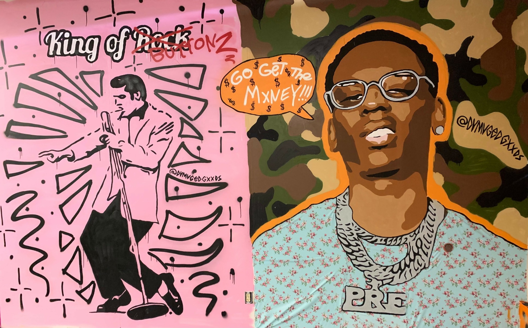 Split image with a pink illustration of a person on the left and a photo of a person wearing glasses on the right.
