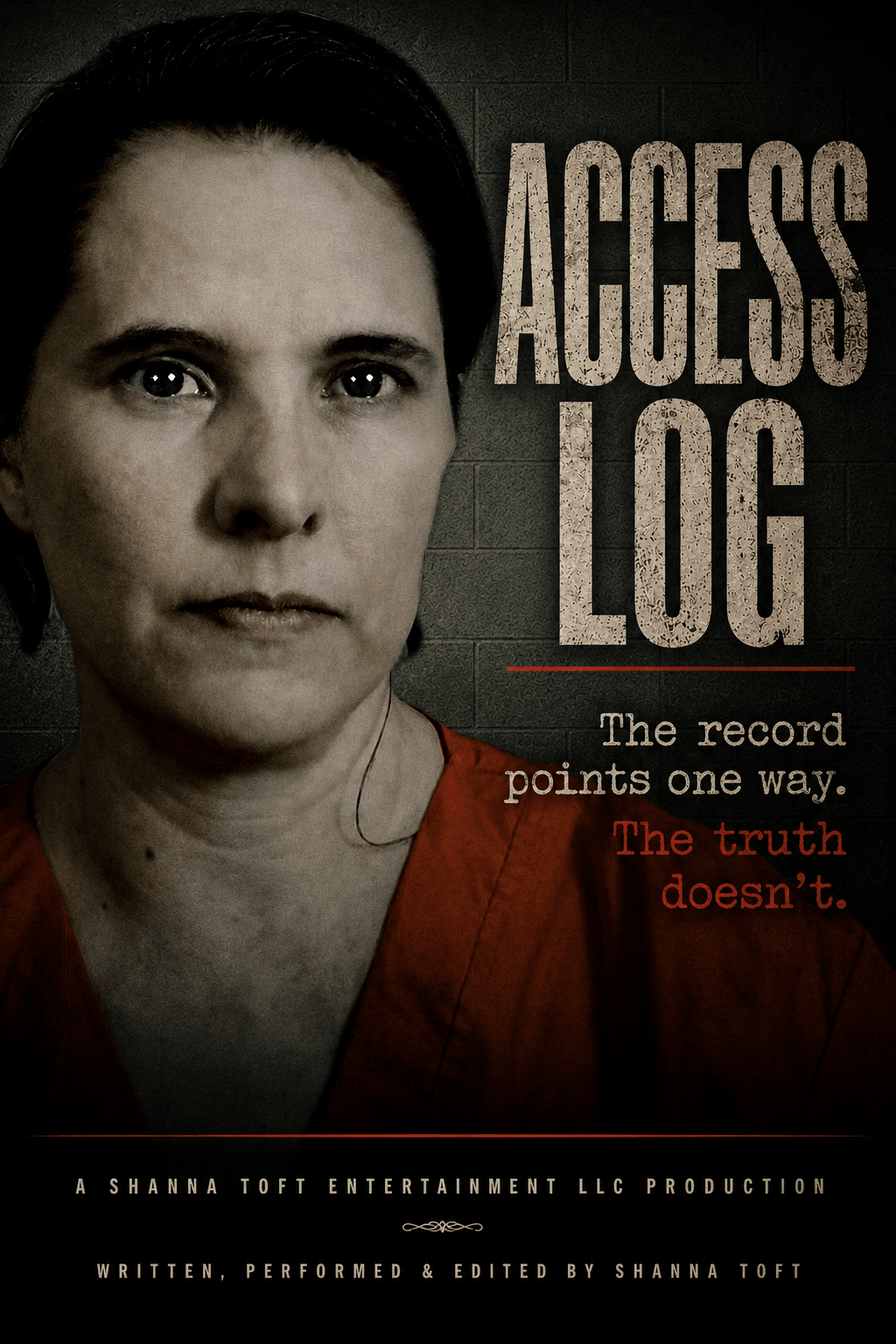 Close-up of a woman with dark hair and serious expression, text reads 'Access Log' and 'The record points one way. The truth doesn't.'