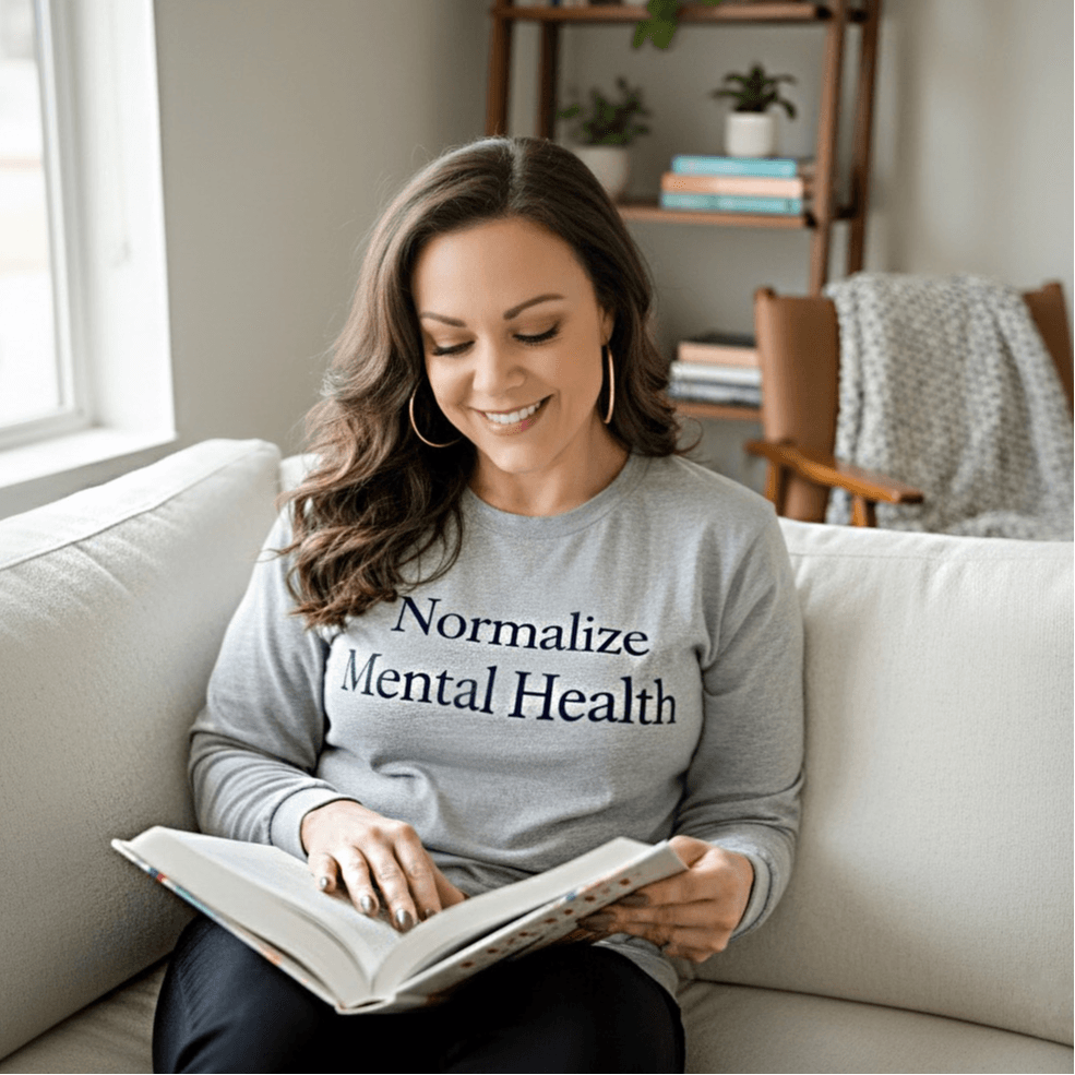 Woman sitting on sofa reading a book, smiling, wearing a gray sweatshirt with text about mental health.
