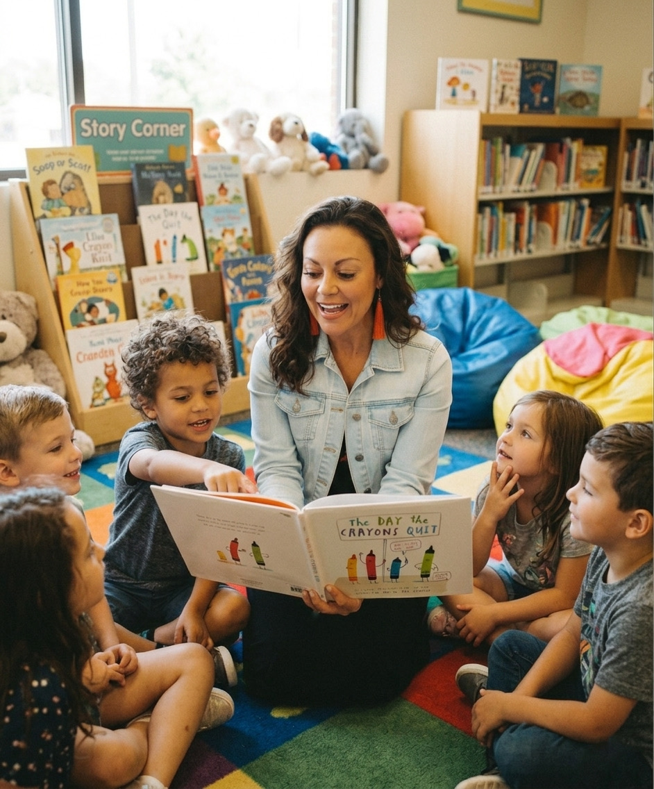 Woman reading a book to a group of children in a colorful library corner with books and stuffed animals.
