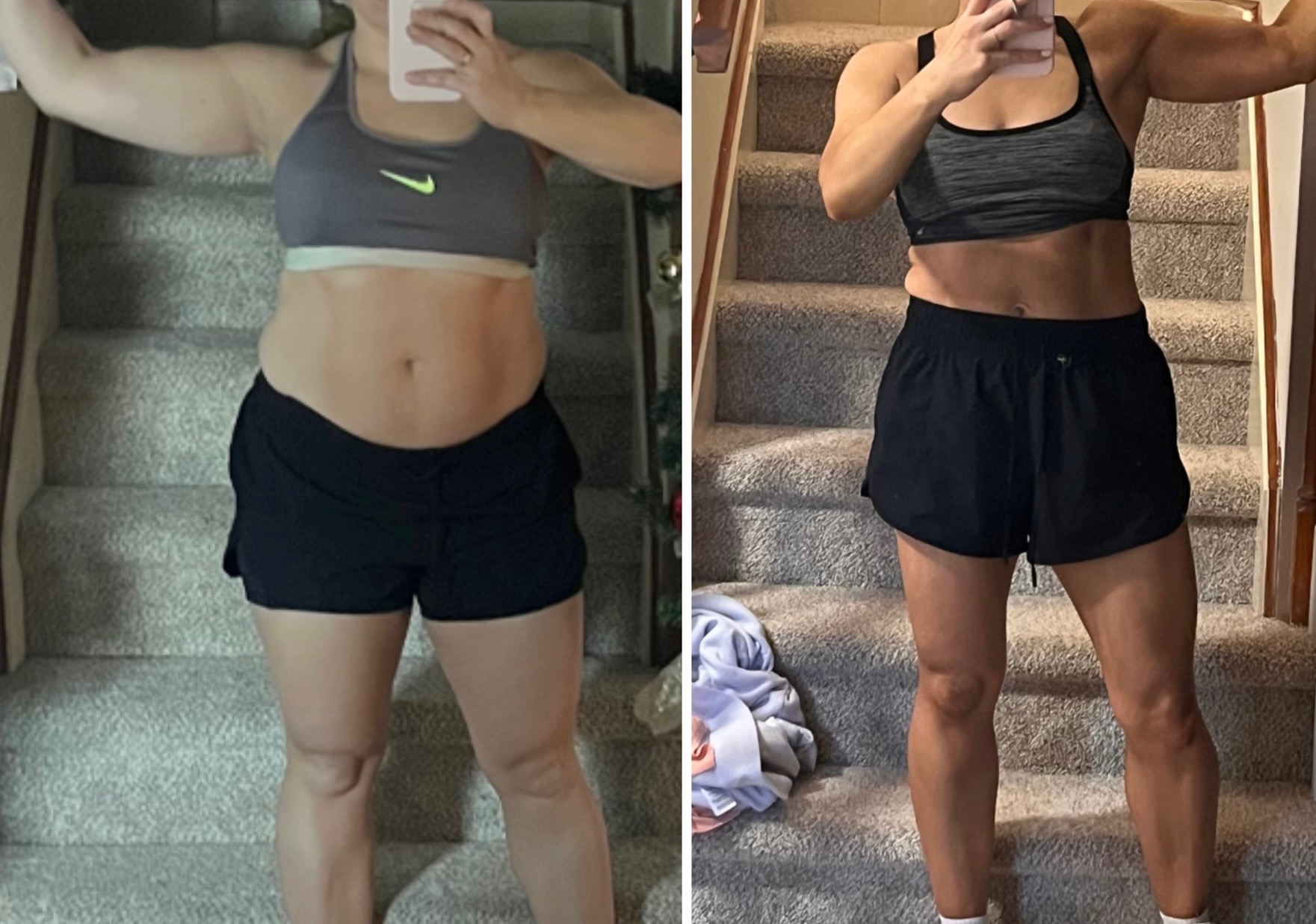Side-by-side photos of a woman in workout clothes, showing progress in fitness, standing on stairs, taking mirror selfies.