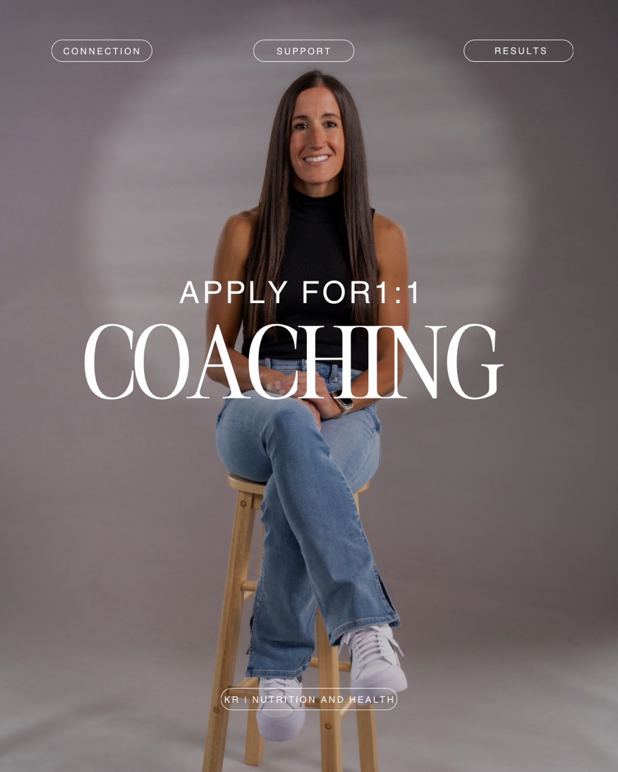 Smiling woman sitting on a stool holding a tablet, promoting coaching application, with text overlay about applying for coaching.