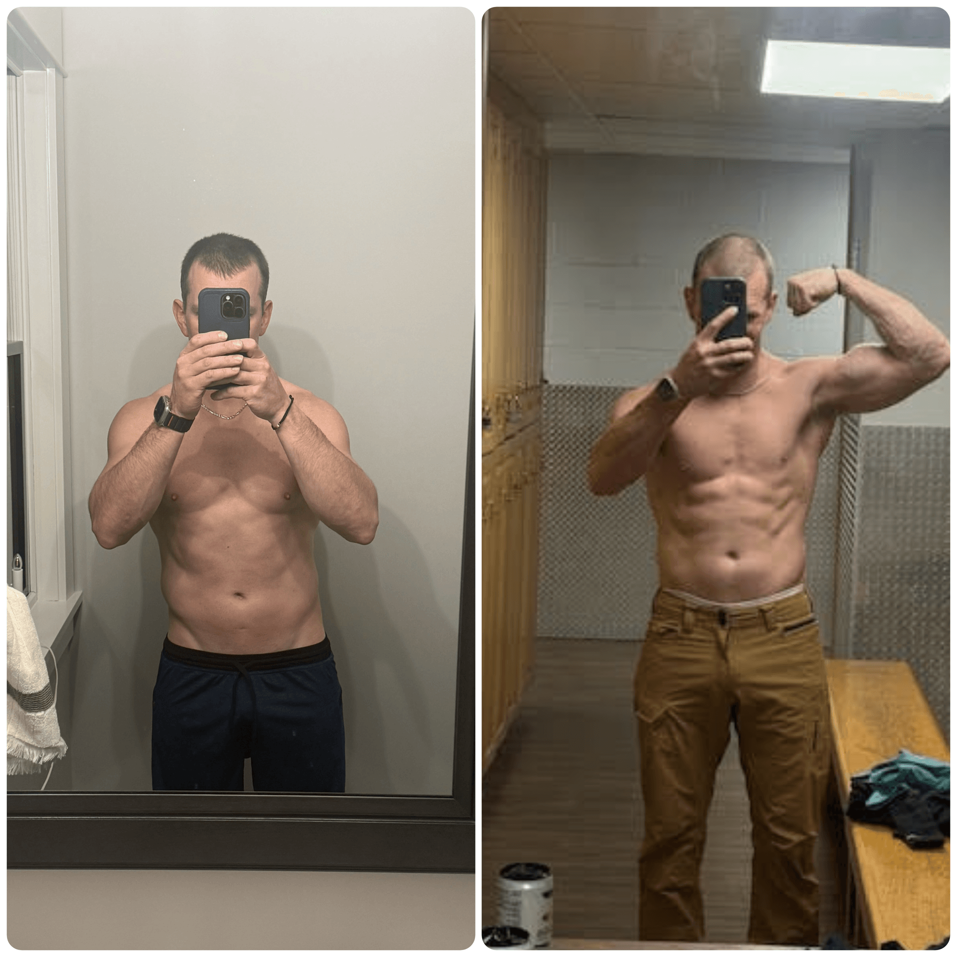 Side-by-side photos of a shirtless man taking mirror selfies, showing muscle development, in different settings.