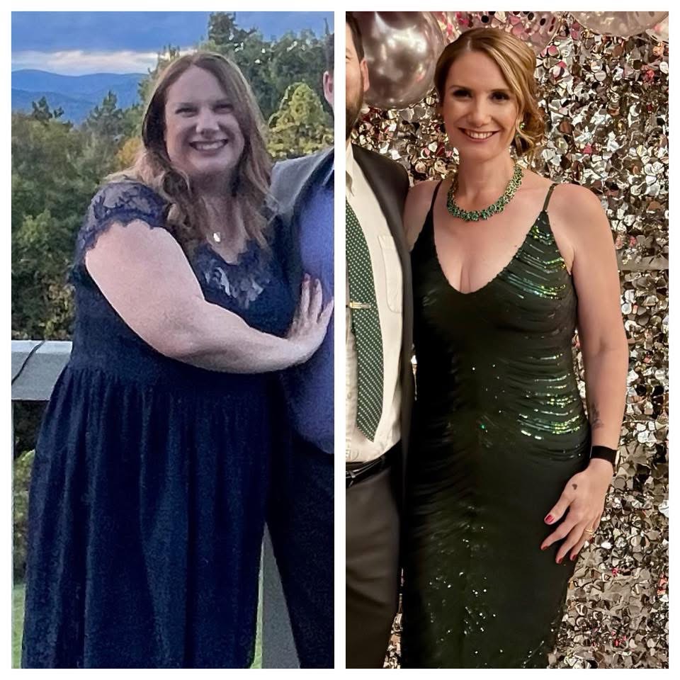 Side-by-side photos of a woman before and after weight loss, smiling, wearing elegant dresses, with outdoor and decorated backgrounds.