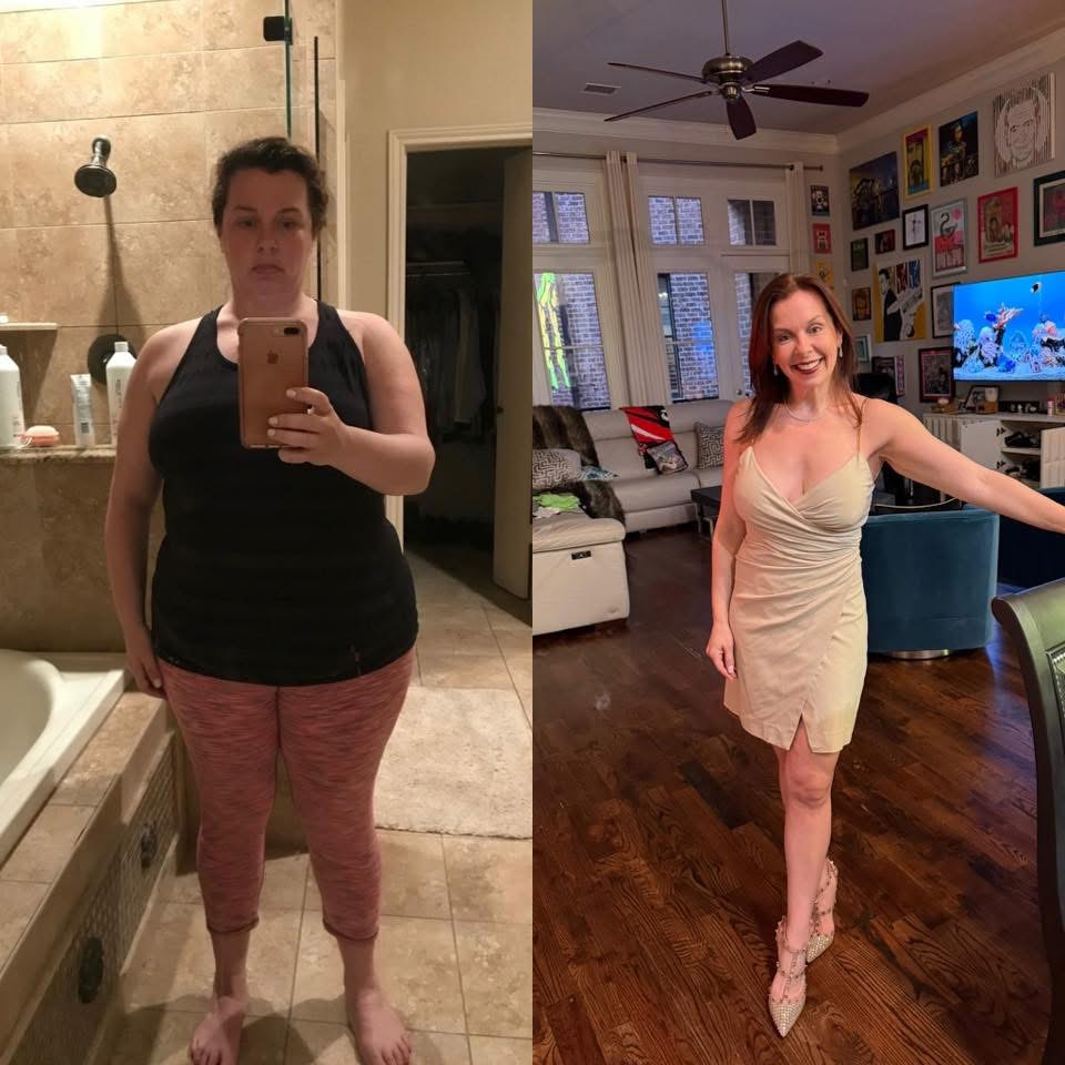 Side-by-side photos of a woman before and after weight loss, smiling in a living room and bathroom.