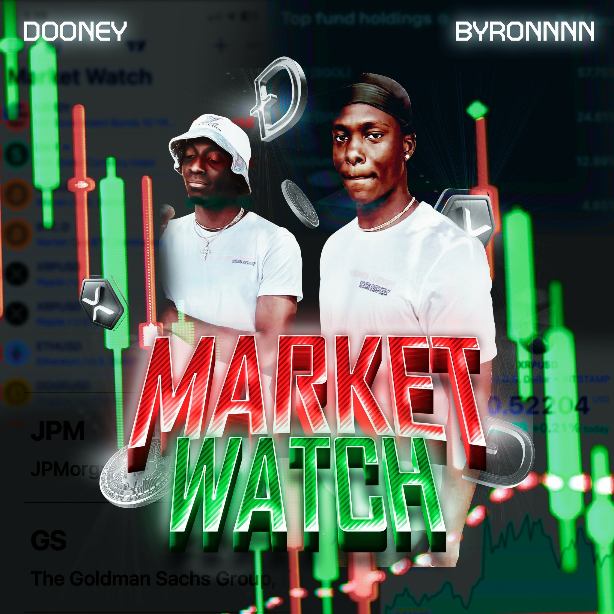 Two young men stand in front of stock market graphs with the text 'Market Watch' in red and green.
