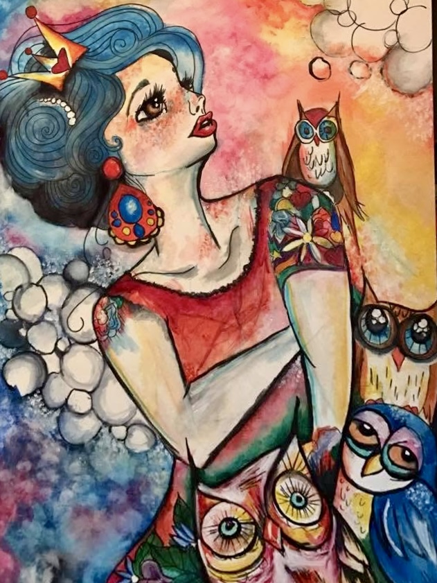 A colorful illustration of a woman with blue hair, wearing glasses and a red dress, surrounded by owls and bubbles.