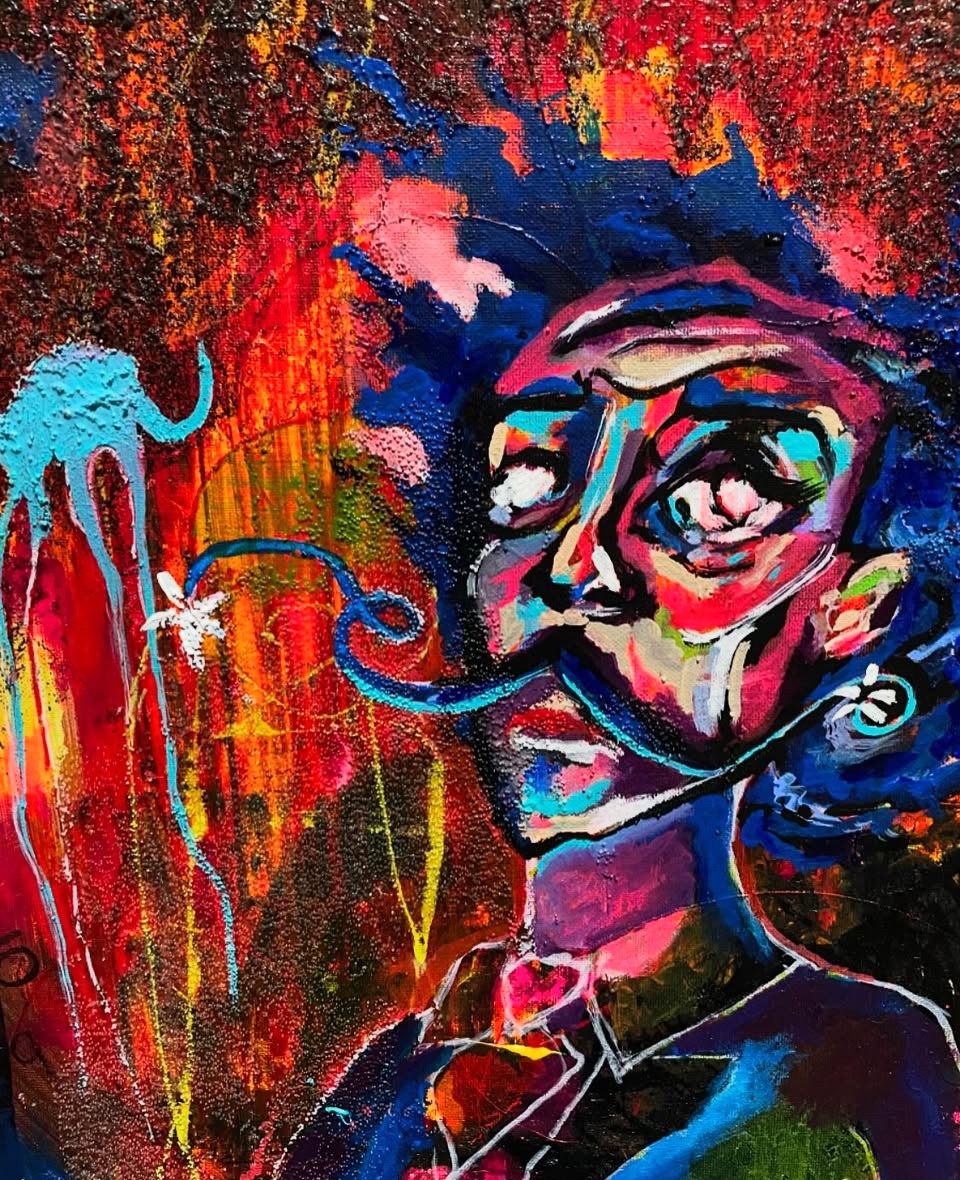 Abstract portrait of a person with exaggerated facial features, vibrant colors, and expressive brushstrokes, against a colorful background.