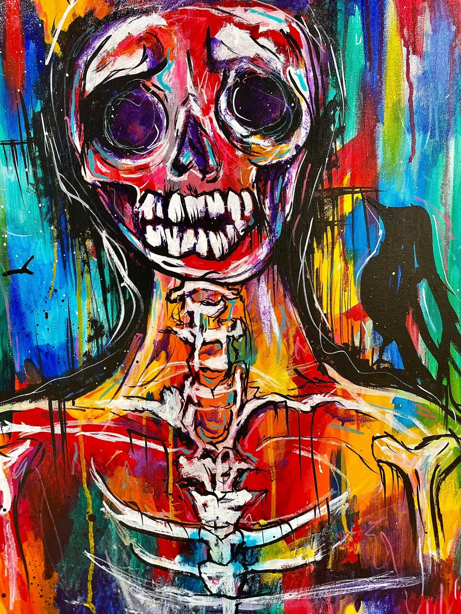Colorful painting of a skull with hollow eyes and exposed teeth, with a vibrant abstract background.