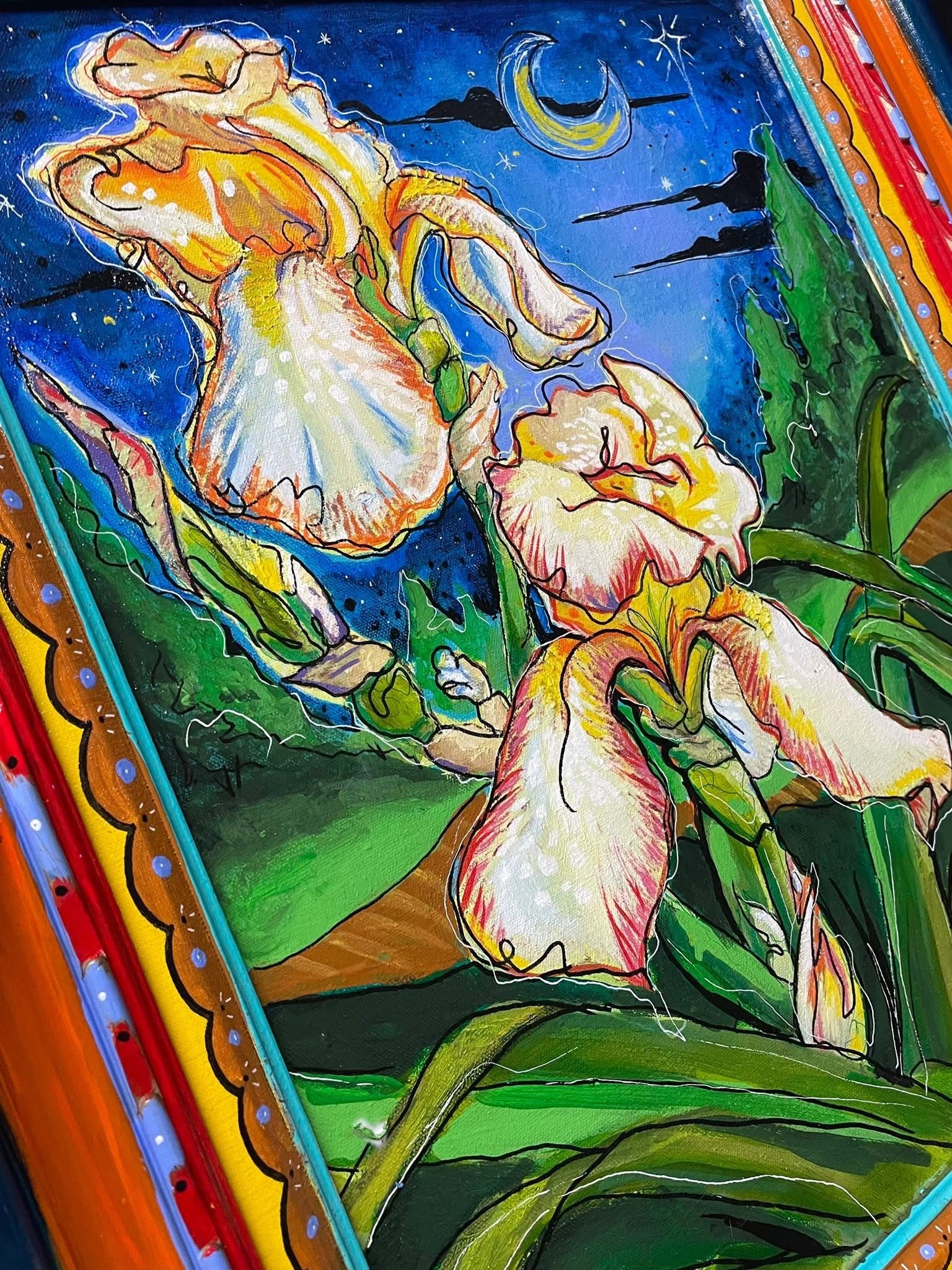 Colorful painting of irises with a night sky, crescent moon, and stars in the background, featuring vibrant colors and detailed flowers.