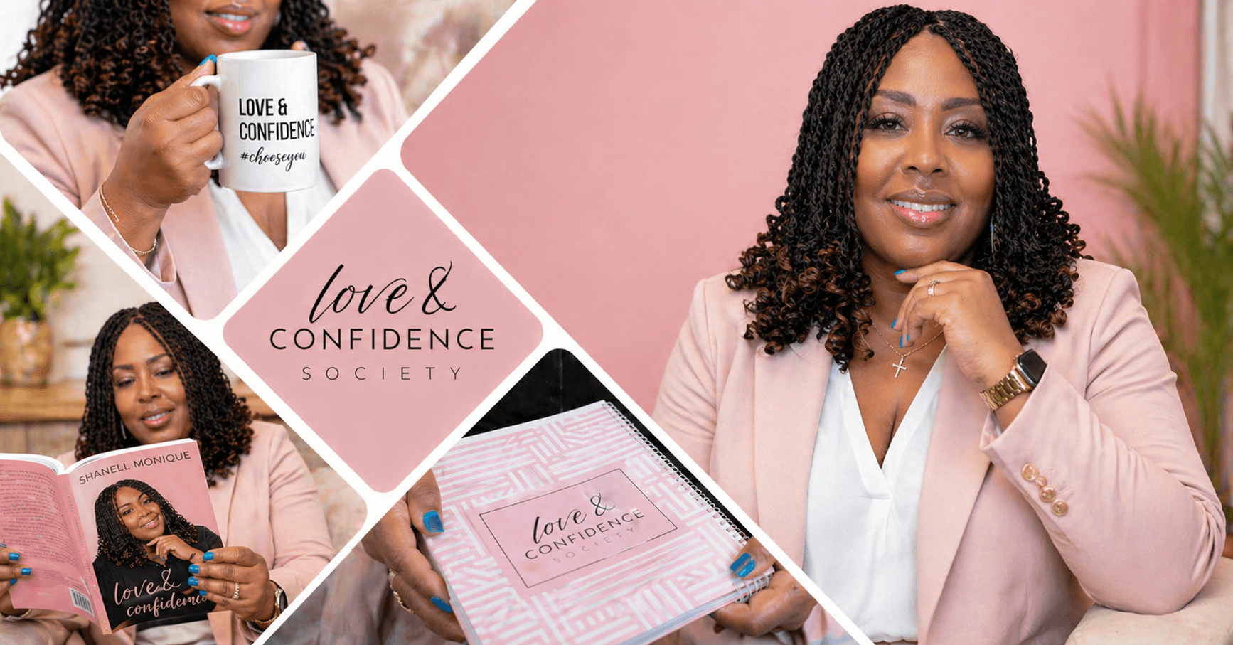 Woman with curly hair in pink blazer sitting at table with book and pink background, smiling, holding her chin.