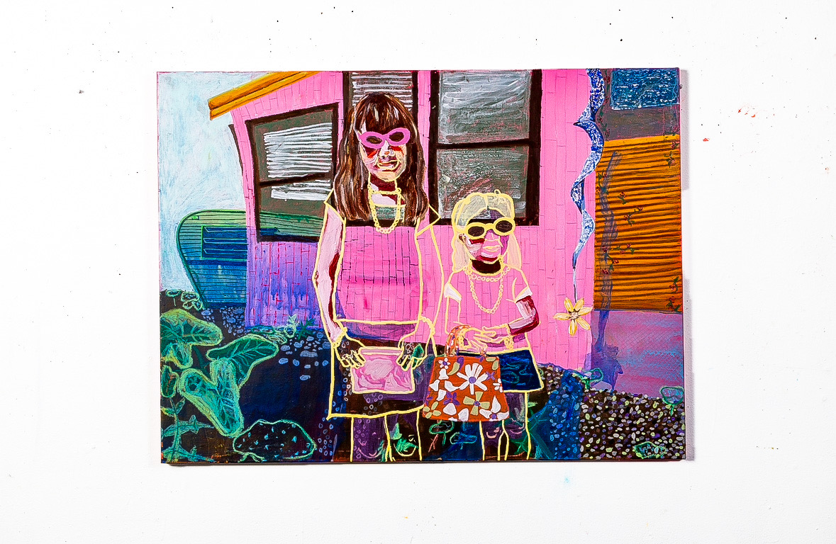 Two children wearing sunglasses and colorful clothing stand outside a building with windows and a door, surrounded by vibrant colors.