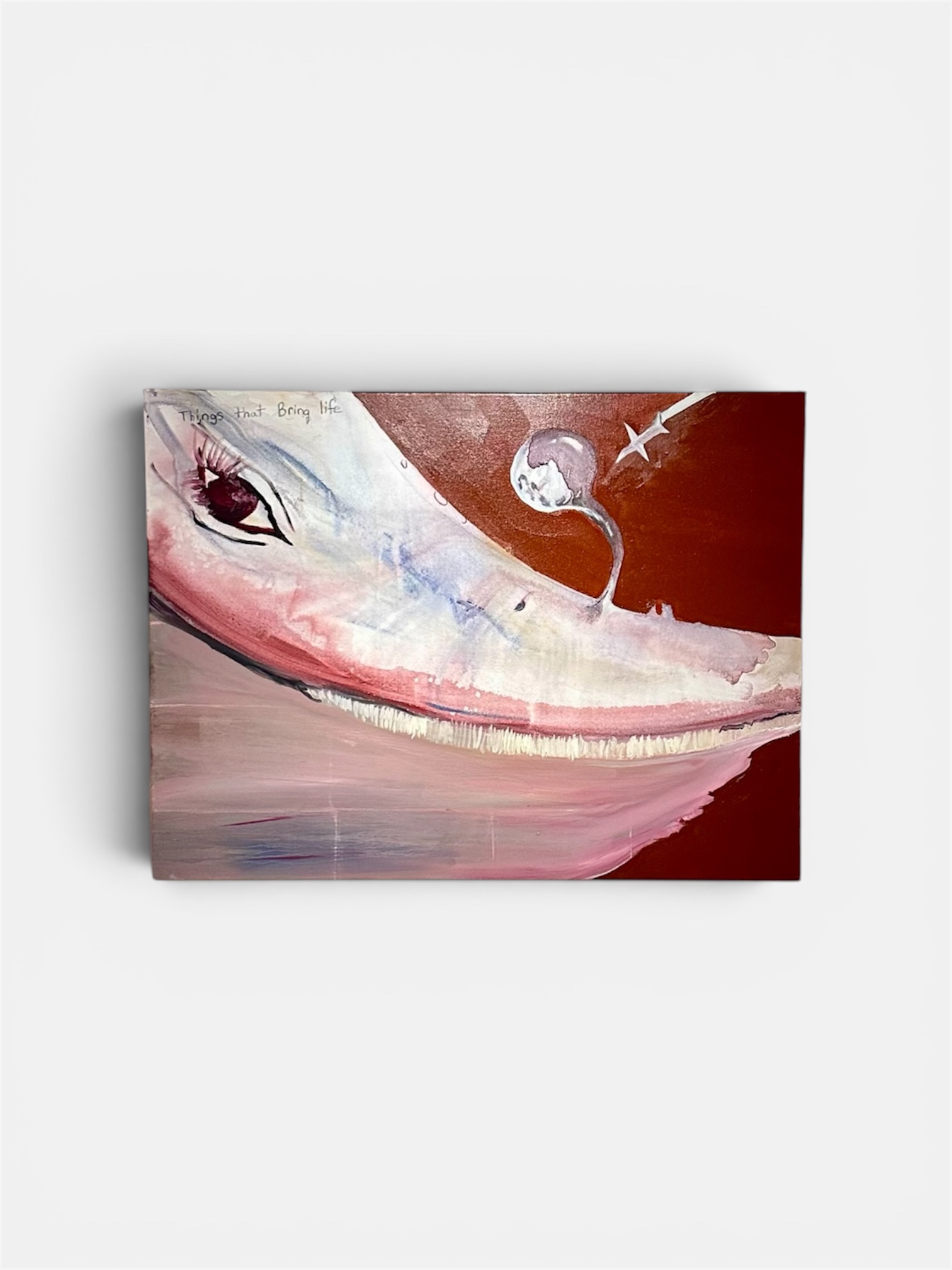 Abstract painting with a large eye, curved shapes, and a mix of white, pink, and dark red colors.