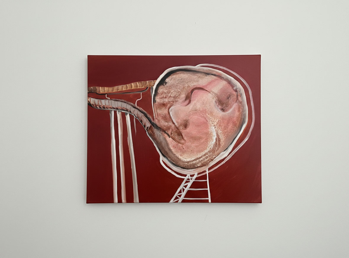 Painting of a human embryo inside a womb with a red background, featuring a ladder-like structure.