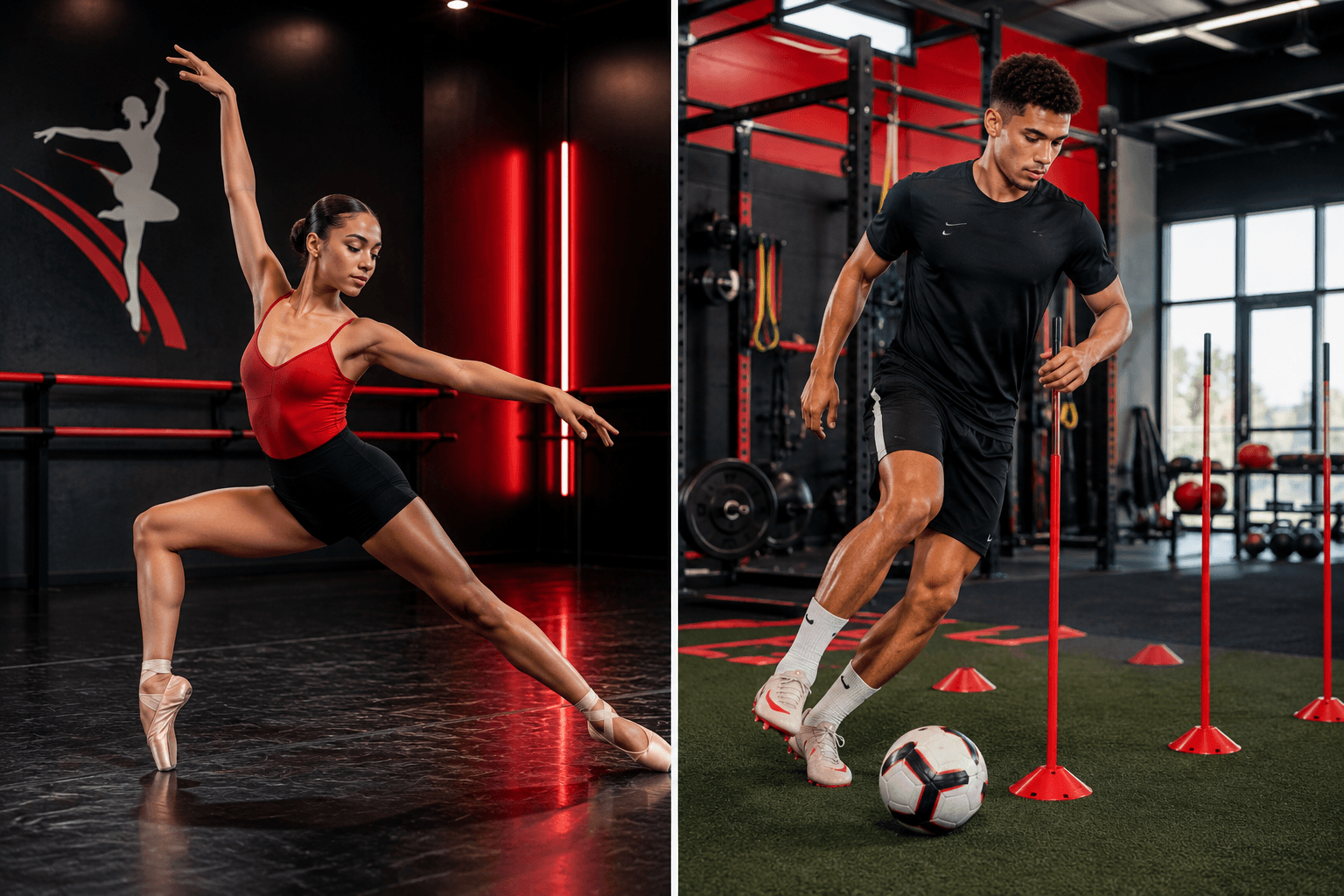 Ballet dancer in red leotard and black shorts poses on stage, and a man in black training at gym with soccer ball.
