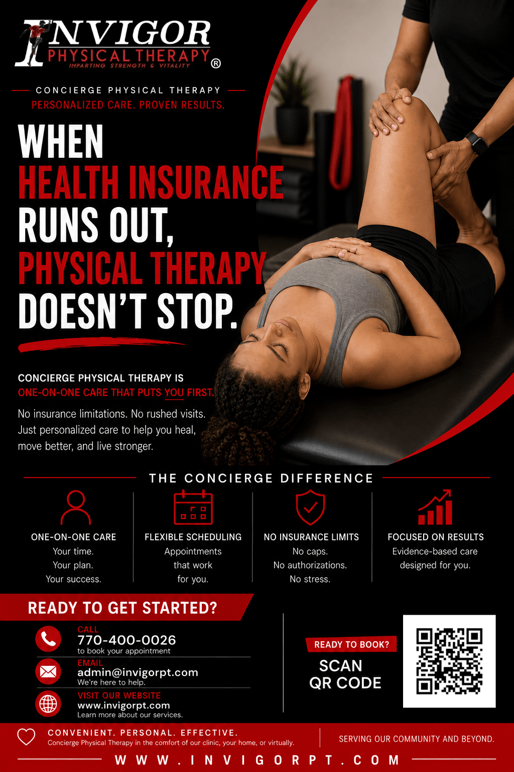Woman lying on her side receiving physical therapy, with text about health insurance and physical therapy services, and a QR code.