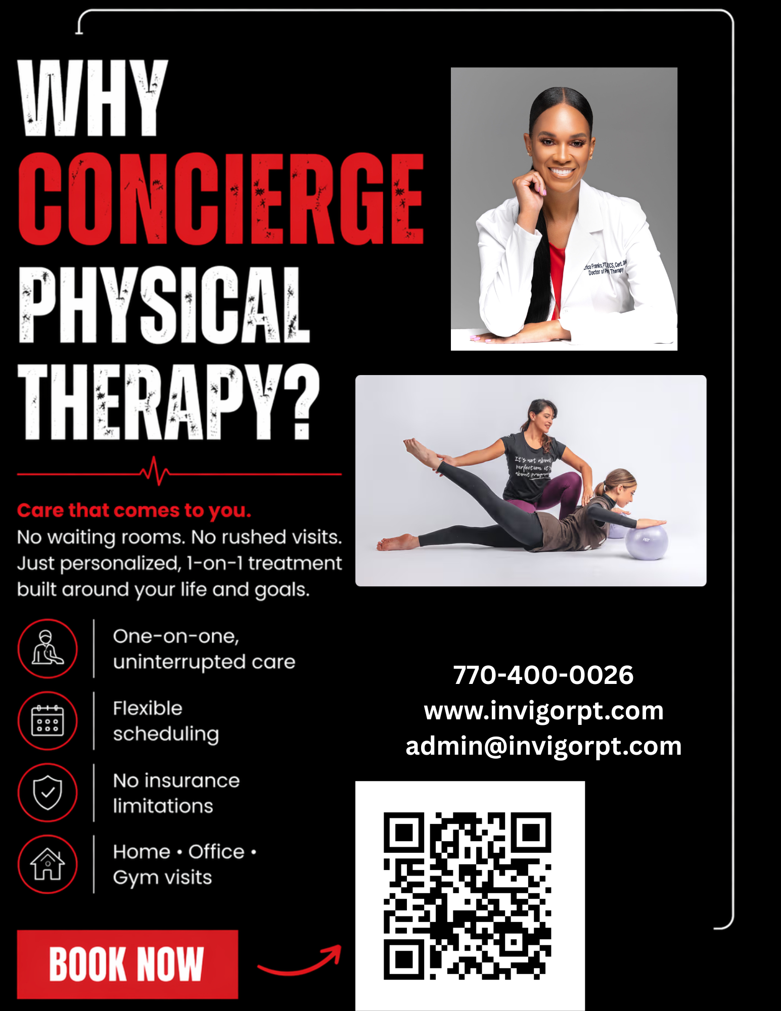 Flyer promoting physical therapy concierge services with a smiling woman in a white coat, QR code, and contact info.
