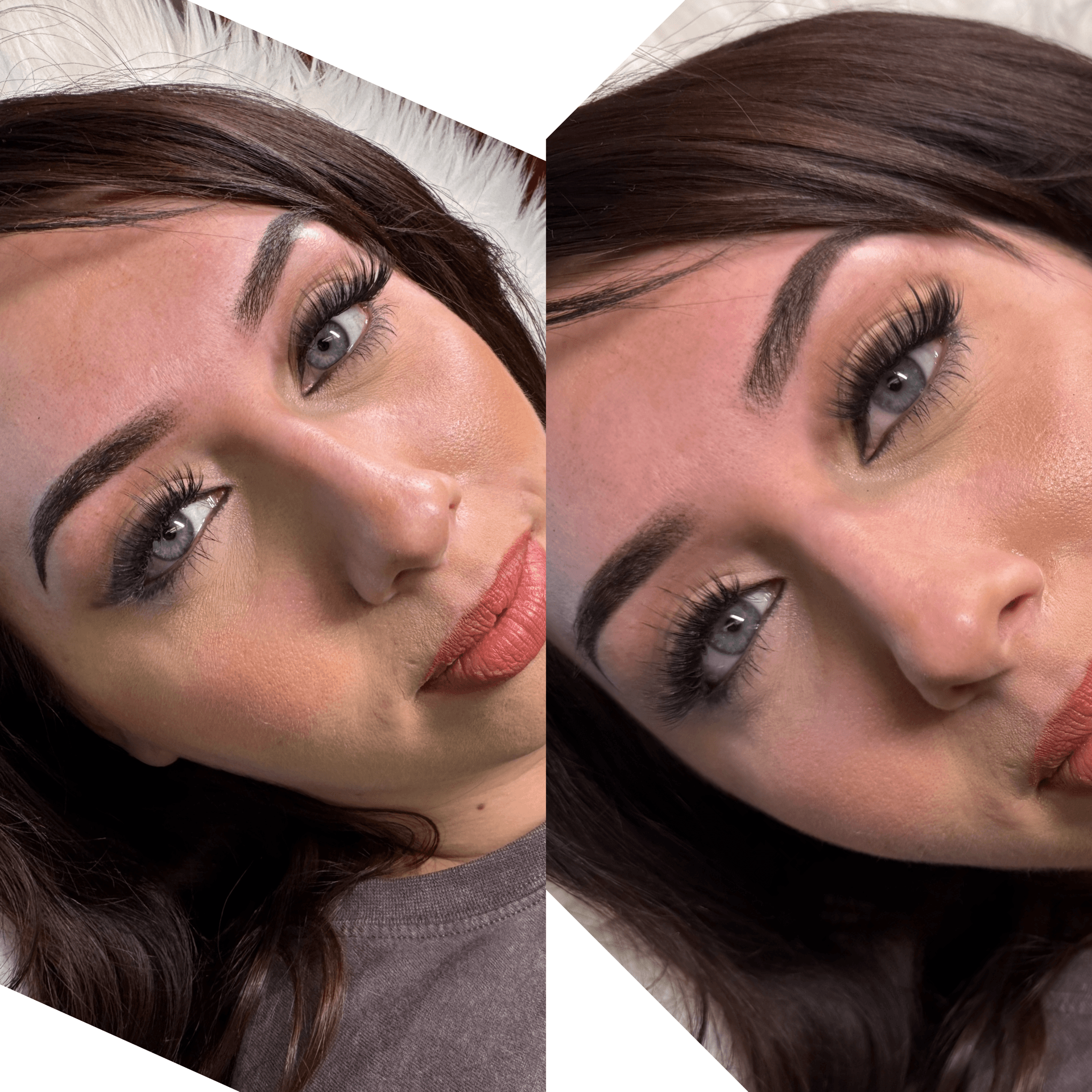 Close-up of a woman's face with makeup, lying down, with her head tilted to the side, eyes open, looking at the camera.